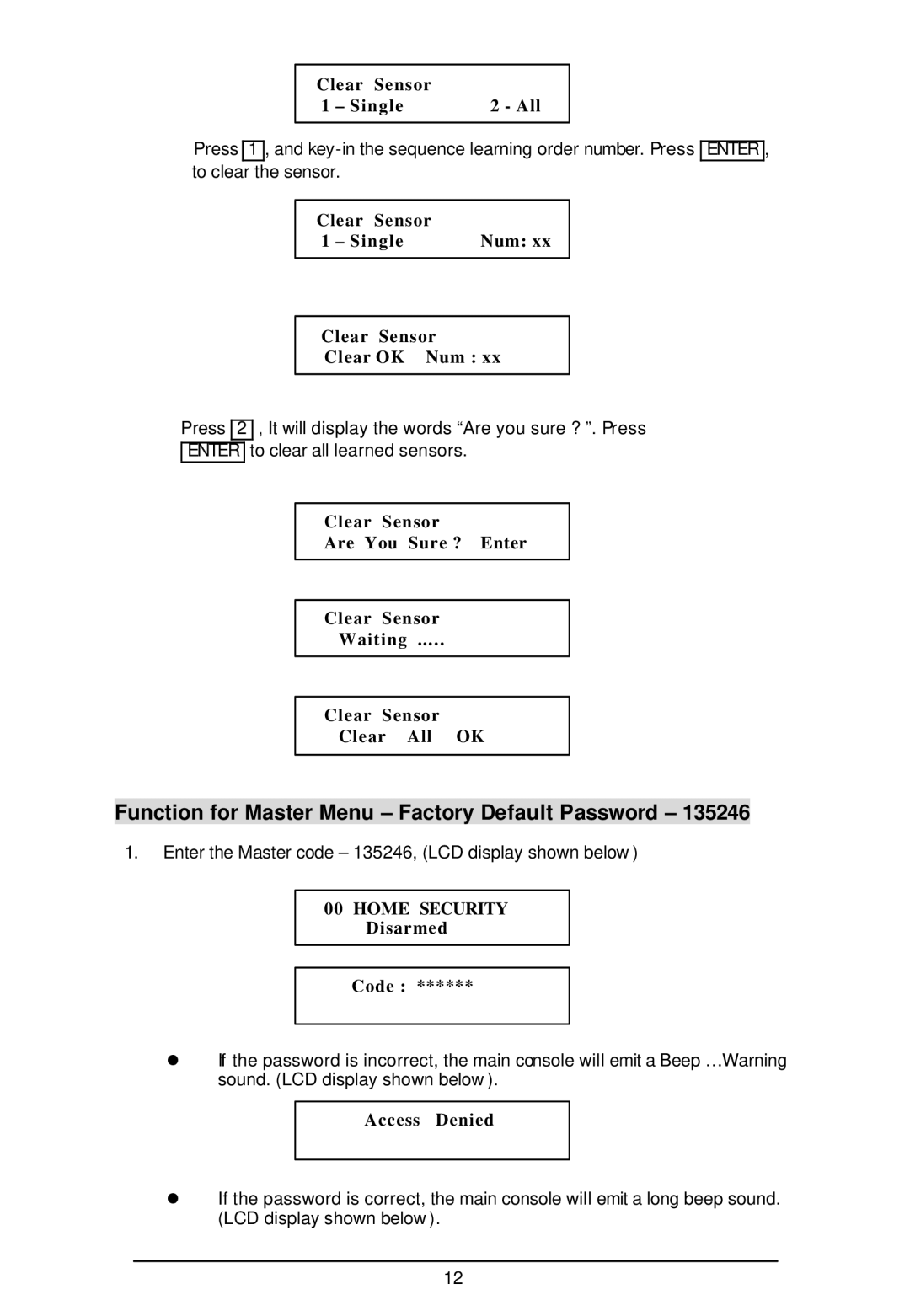 Sylvania SY4100 owner manual Function for Master Menu Factory Default Password, Clear Sensor Single Num Clear OK 