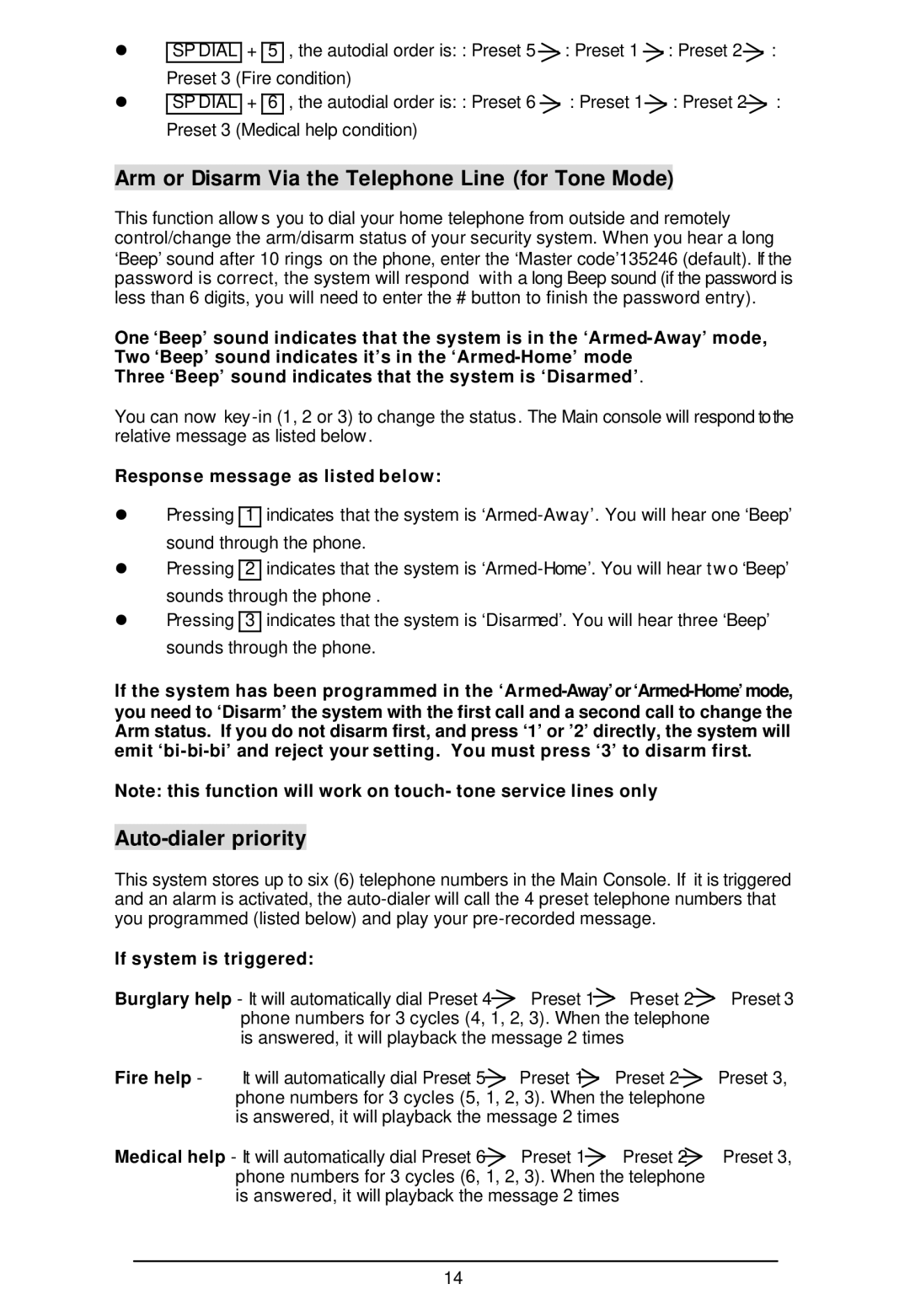 Sylvania SY4100 Arm or Disarm Via the Telephone Line for Tone Mode, Auto-dialer priority, Response message as listed below 