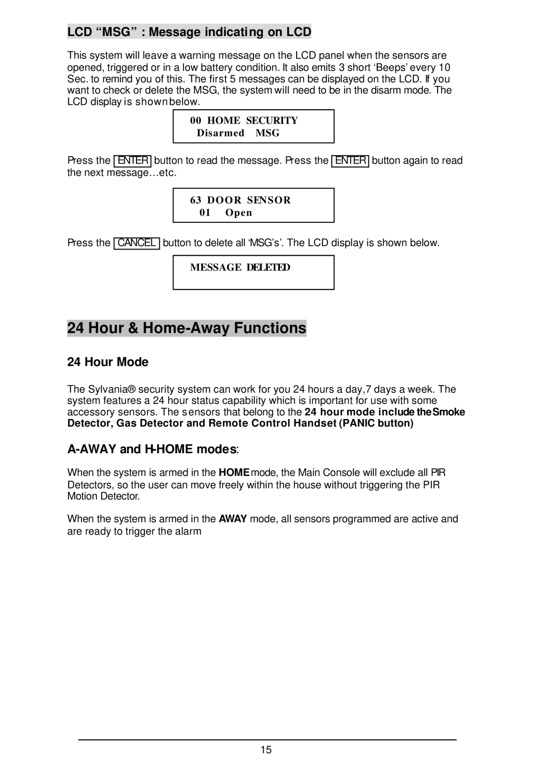 Sylvania SY4100 LCD MSG Message indicating on LCD, Hour Mode, Away and H-HOME modes, Home Security Disarmed MSG, Open 