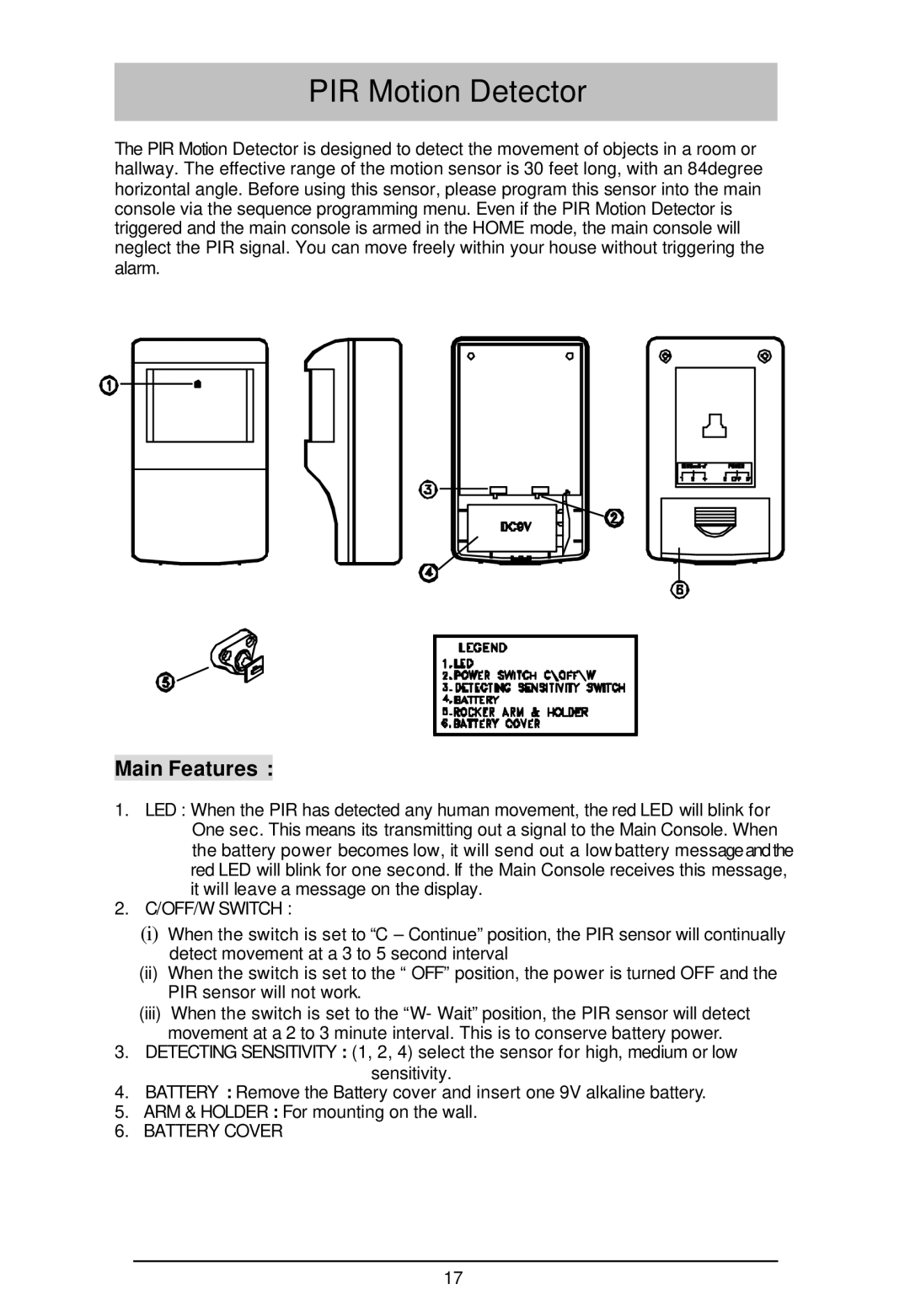 Sylvania SY4100 owner manual PIR Motion Detector, Main Features 