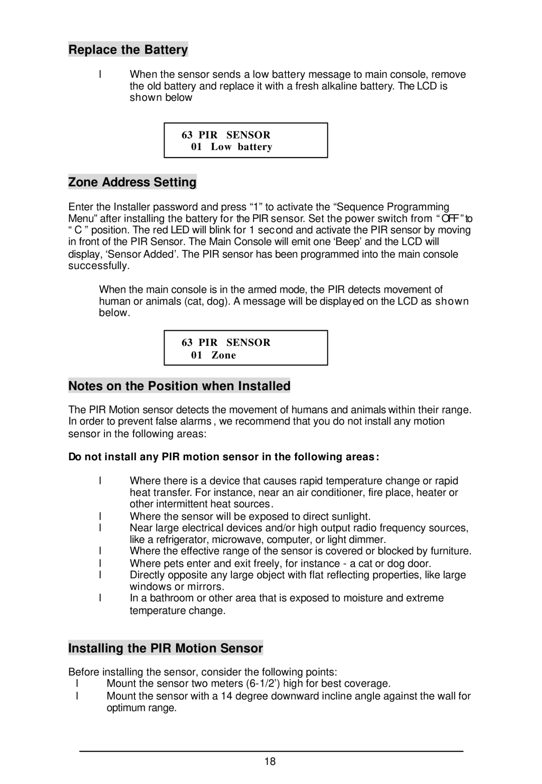 Sylvania SY4100 owner manual Replace the Battery, Installing the PIR Motion Sensor, Low battery, Zone 