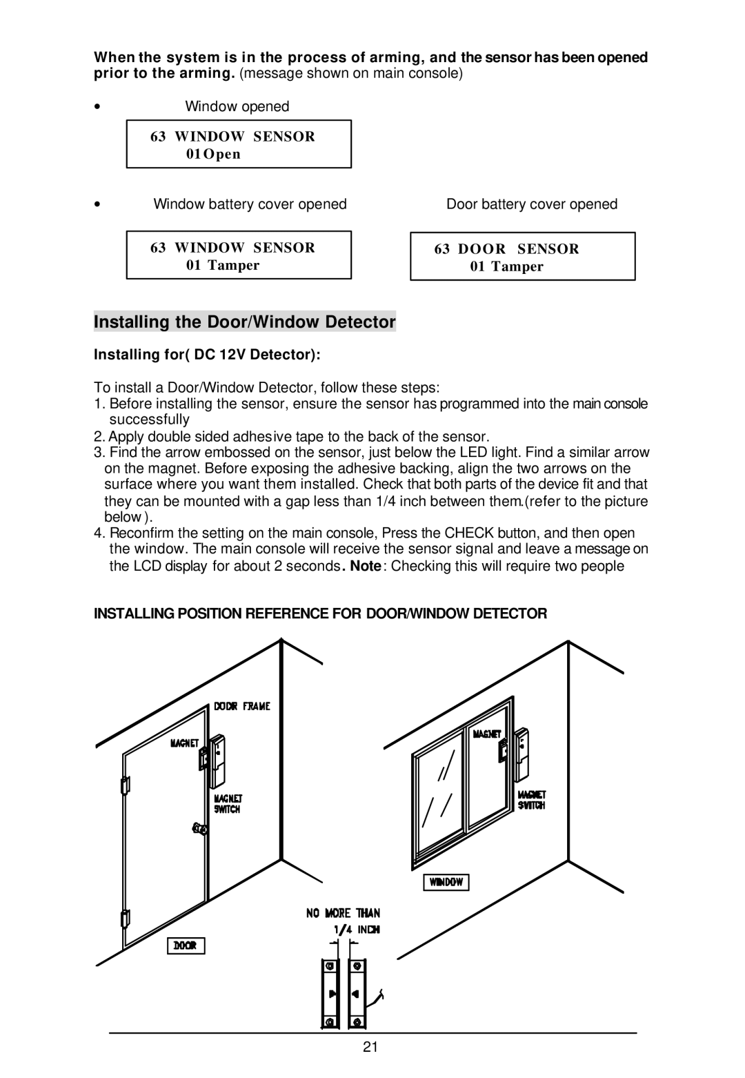 Sylvania SY4100 owner manual Installing the Door/Window Detector, Tamper, Installing for DC 12V Detector 