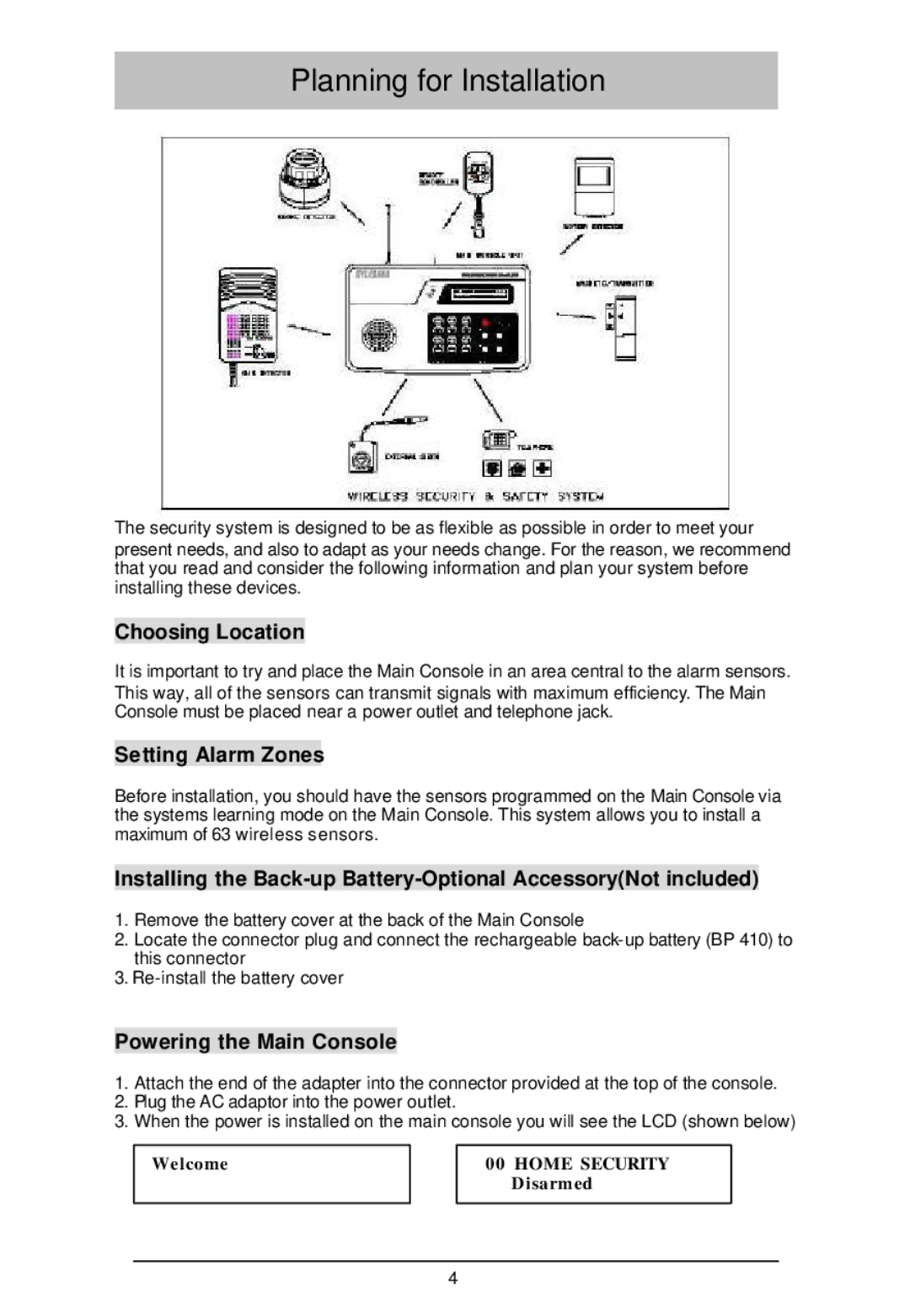 Sylvania SY4100 owner manual Planning for Installation, Choosing Location, Setting Alarm Zones, Powering the Main Console 