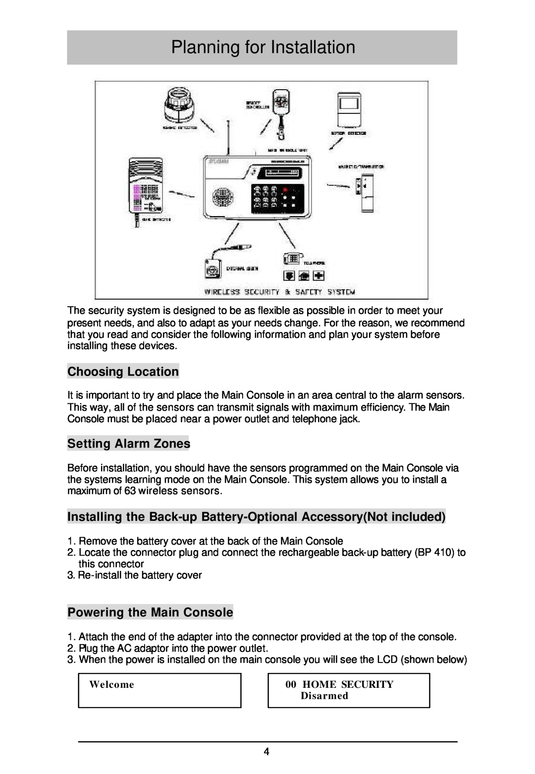 Sylvania SY4100 owner manual Planning for Installation, Choosing Location, Setting Alarm Zones, Powering the Main Console 