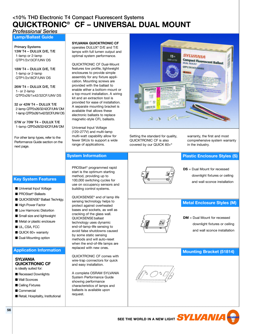 Sylvania T4 warranty Lamp/Ballast Guide, System Information, Plastic Enclosure Styles S, Key System Features, Quicktronic 