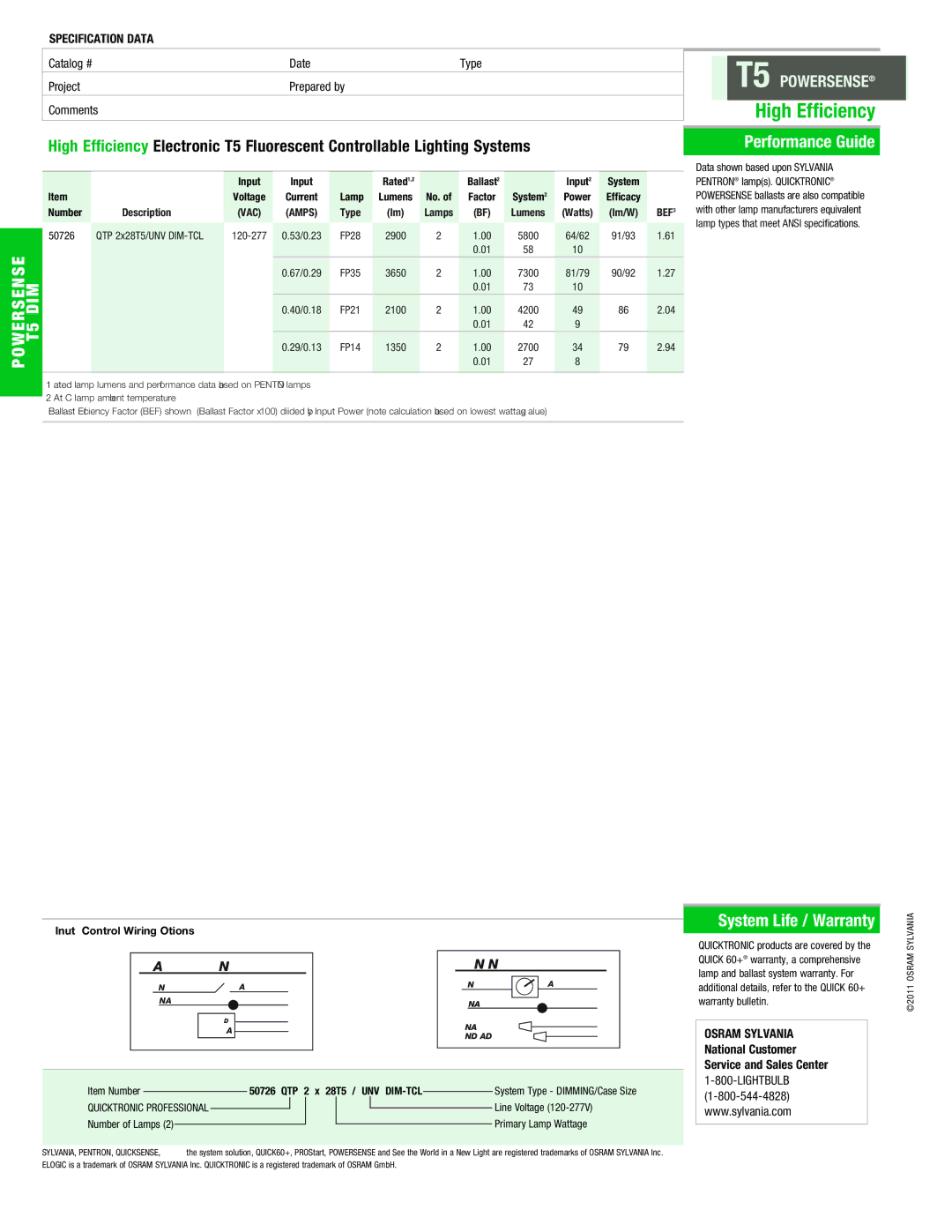 Sylvania T5 warranty Performance Guide, Specifications, Control Information, System Life / Warranty 