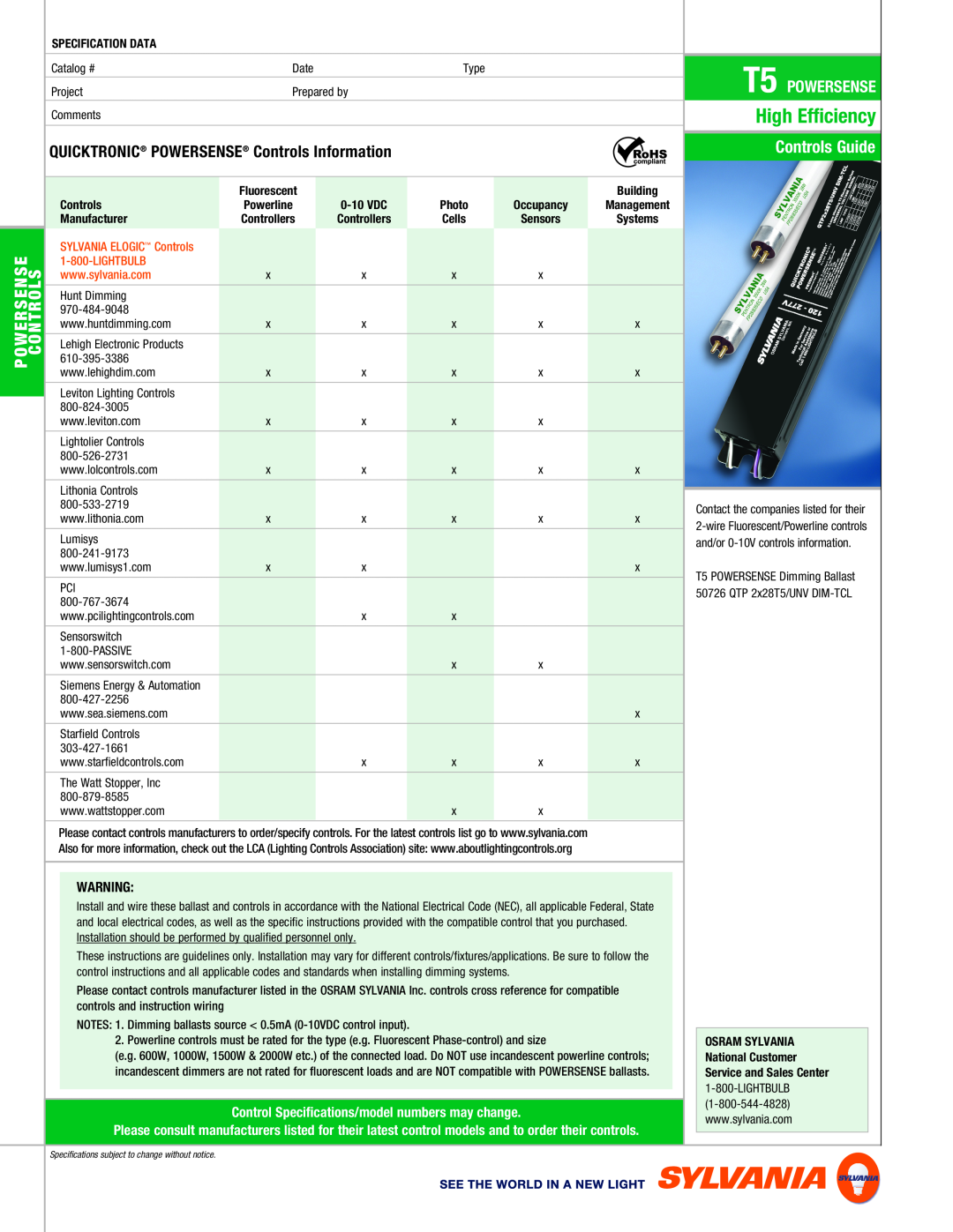 Sylvania High Efficiency, Controls Guide, QUICKTRONICPOWERSENSEControls Information, Specification Data, T5 POWERSENSE 