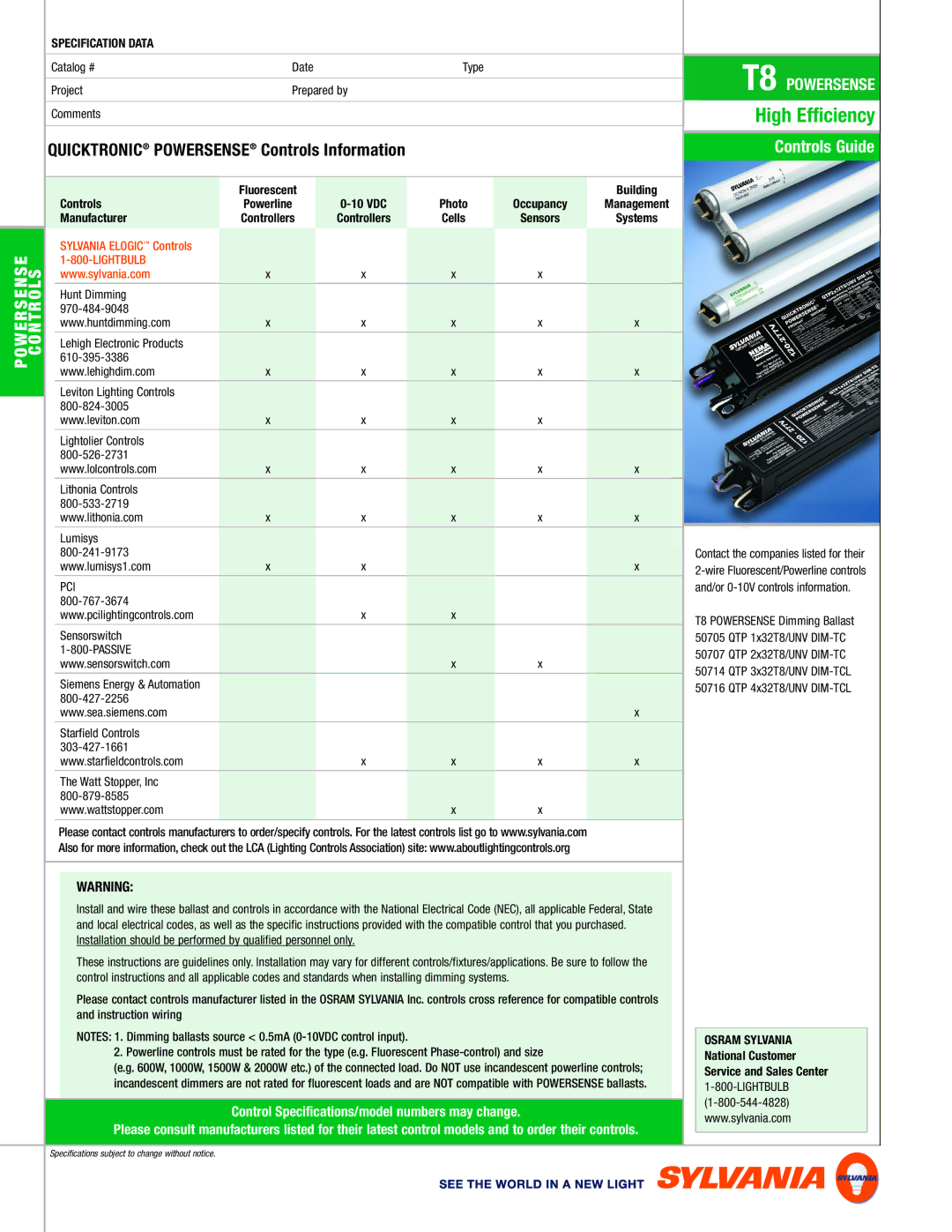 Sylvania T8 warranty Controls Guide, Quicktronic Powersense Controls Information 