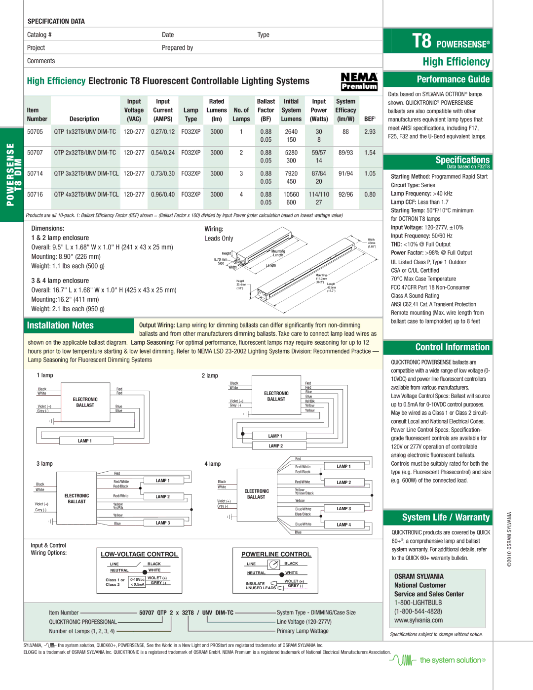 Sylvania warranty Performance Guide, Speciﬁcations, Control Information, System Life / Warranty, WE T8 