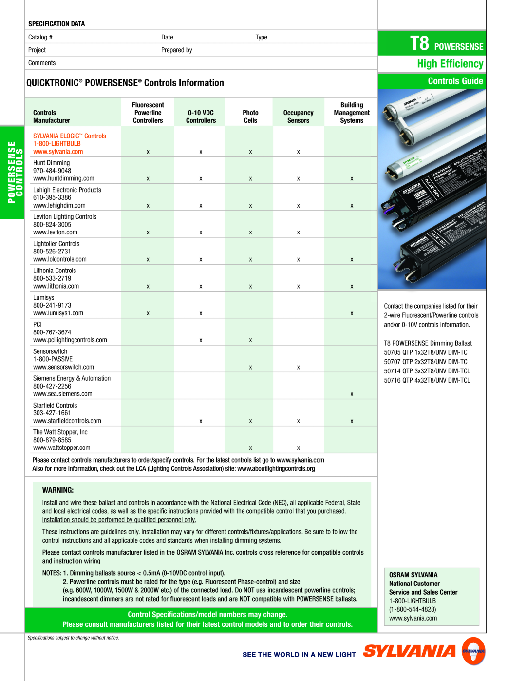 Sylvania High Efﬁciency, Controls Guide, T8 POWERSENSE, QUICKTRONIC POWERSENSE Controls Information, Specification Data 