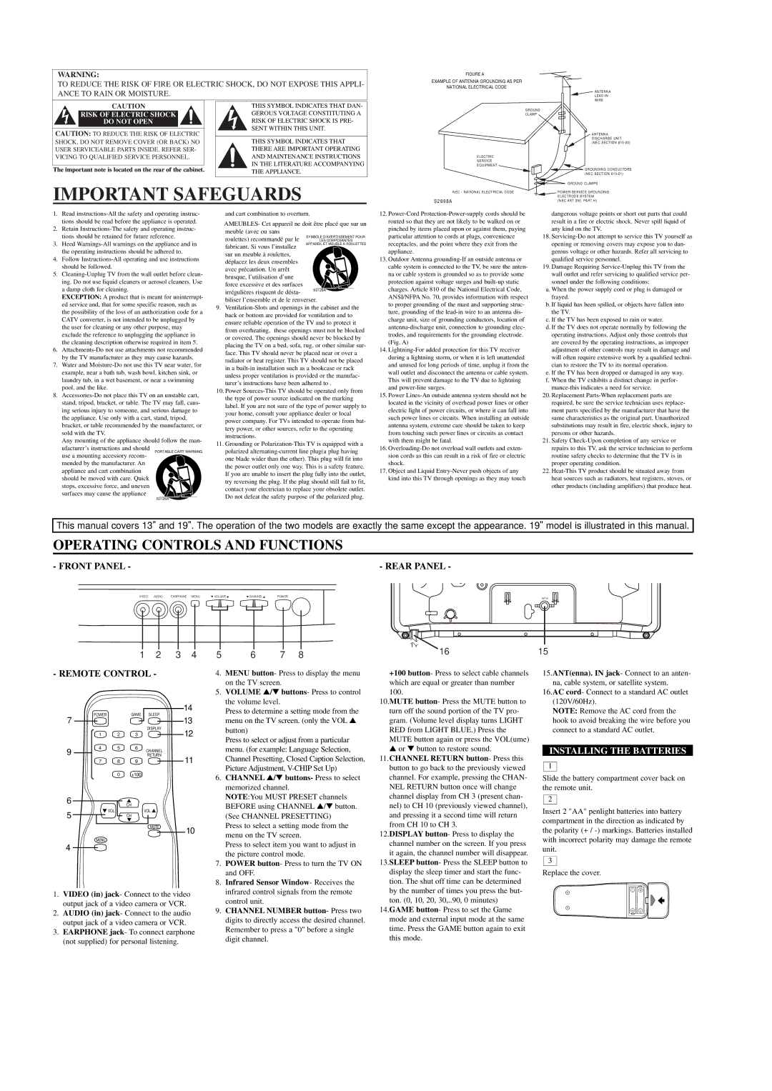 Sylvania TVK131, TVK191 Important Safeguards, Operating Controls and Functions, Front Panel Rear Panel, Remote Control 