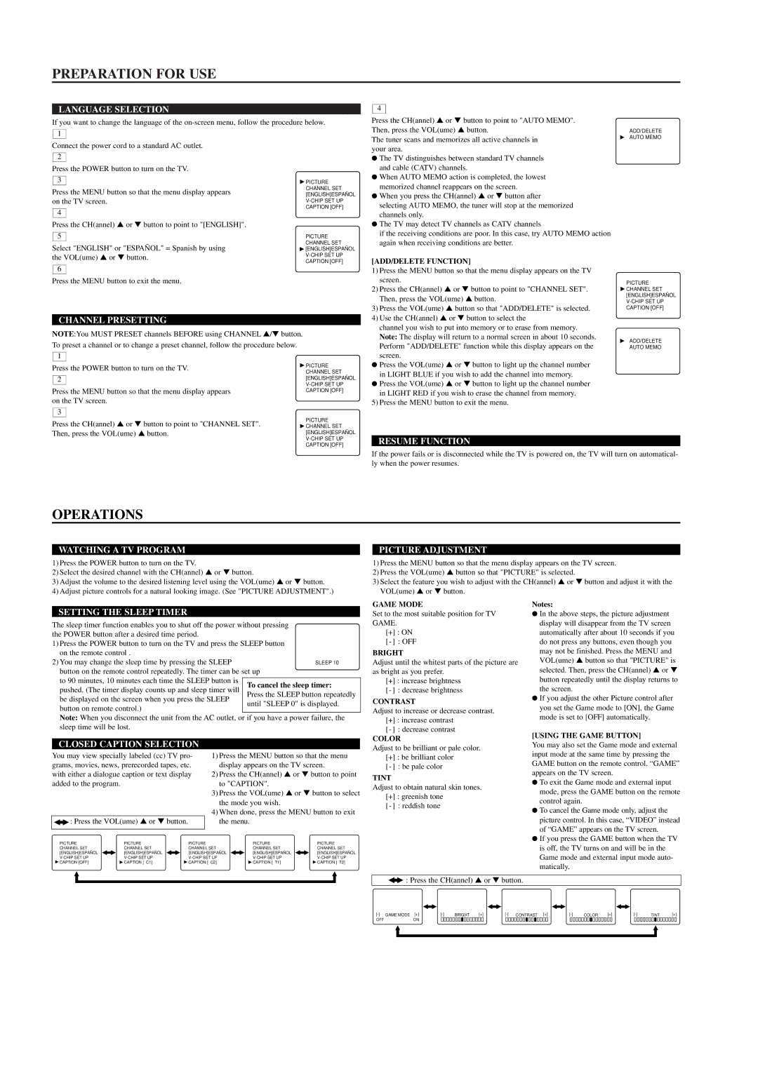 Sylvania TVK131, TVK191 owner manual Preparation for USE, Operations 