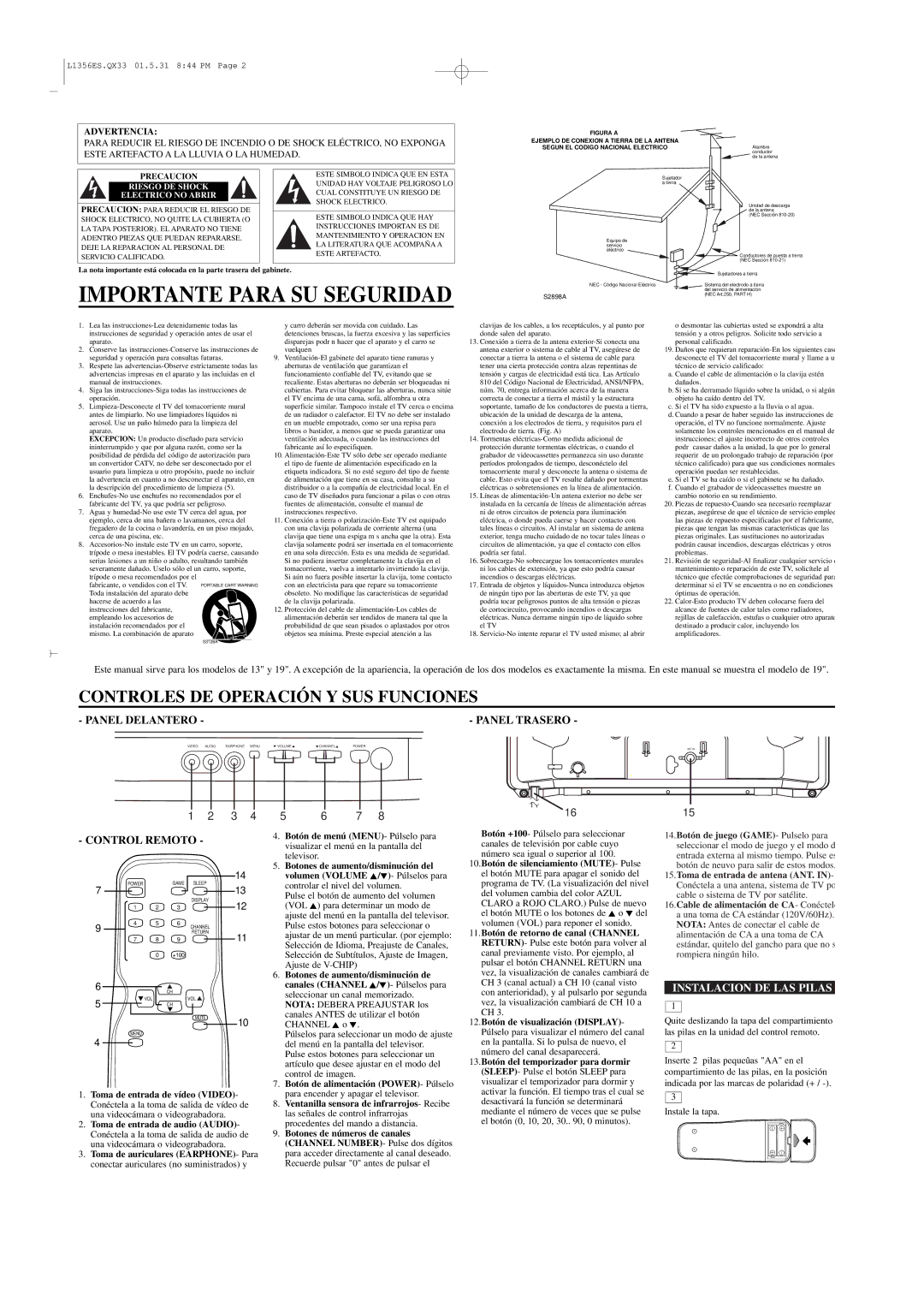 Sylvania TVK131, TVK191 Importante Para SU Seguridad, Panel Trasero, Control Remoto, Instalacion DE LAS Pilas, Advertencia 