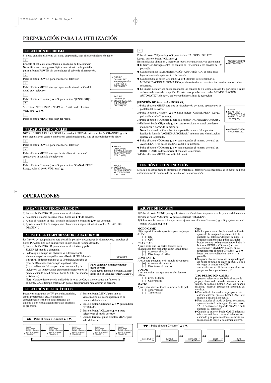 Sylvania TVK131, TVK191 owner manual Preparación Para LA Utilización, Operaciones 