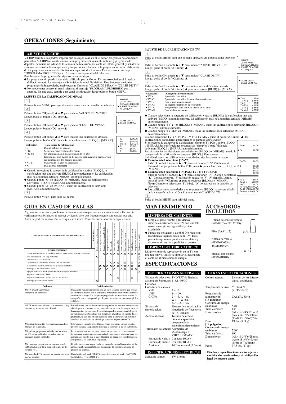 Sylvania TVK131, TVK191 owner manual Operaciones Seguimiento, Guia EN Caso DE Fallas, Mantenimiento, Accesorios Incluidos 