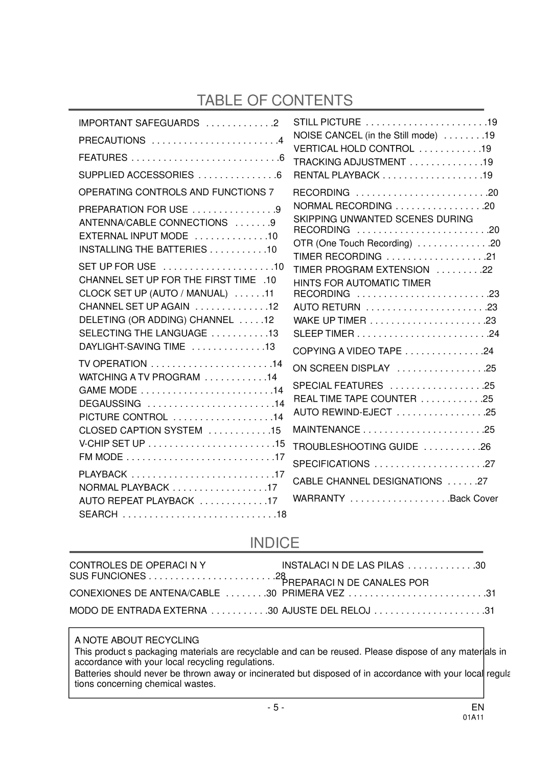 Sylvania W6313CB owner manual Table of Contents, Indice 