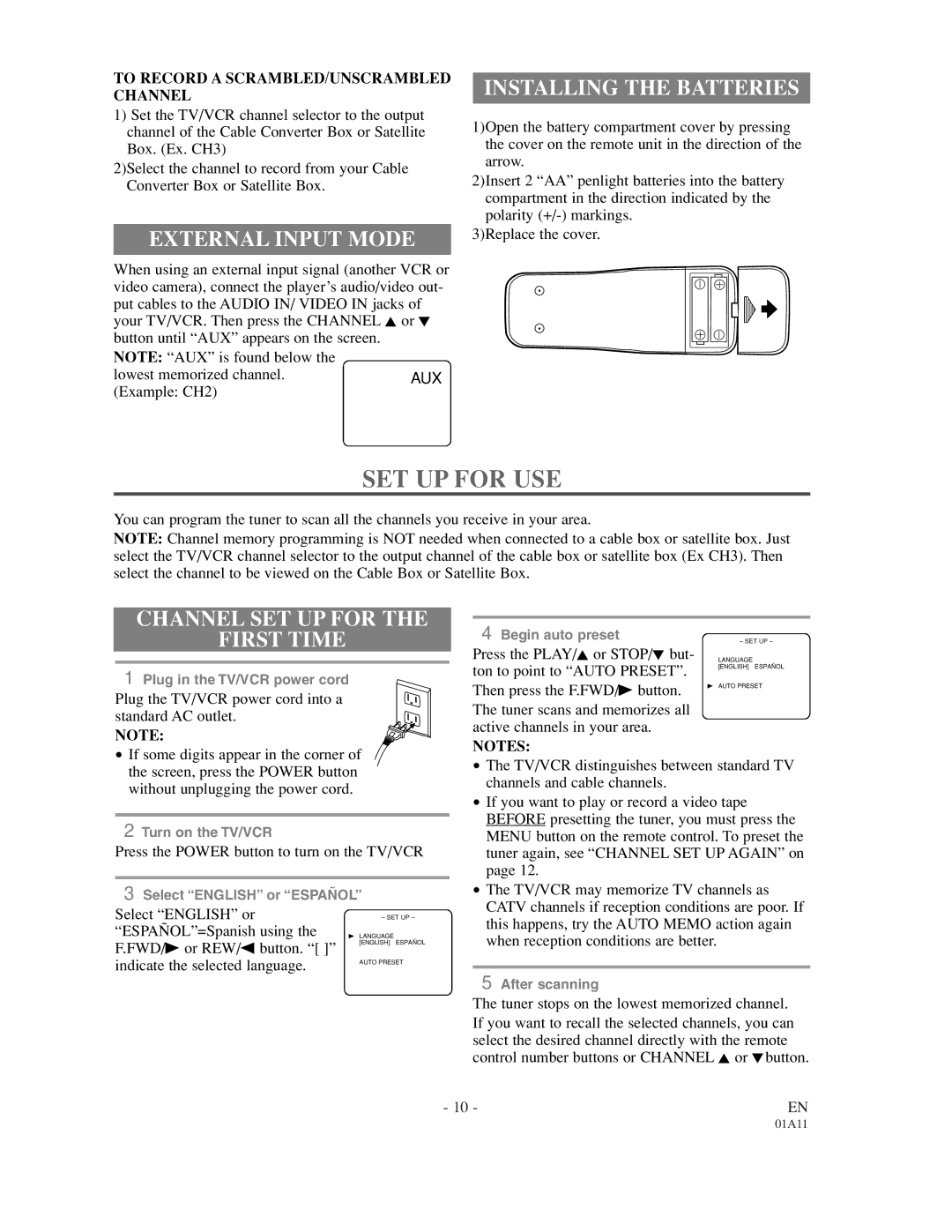 Sylvania W6313CC owner manual SET UP for USE, External Input Mode, Installing the Batteries, Channel SET UP for First Time 