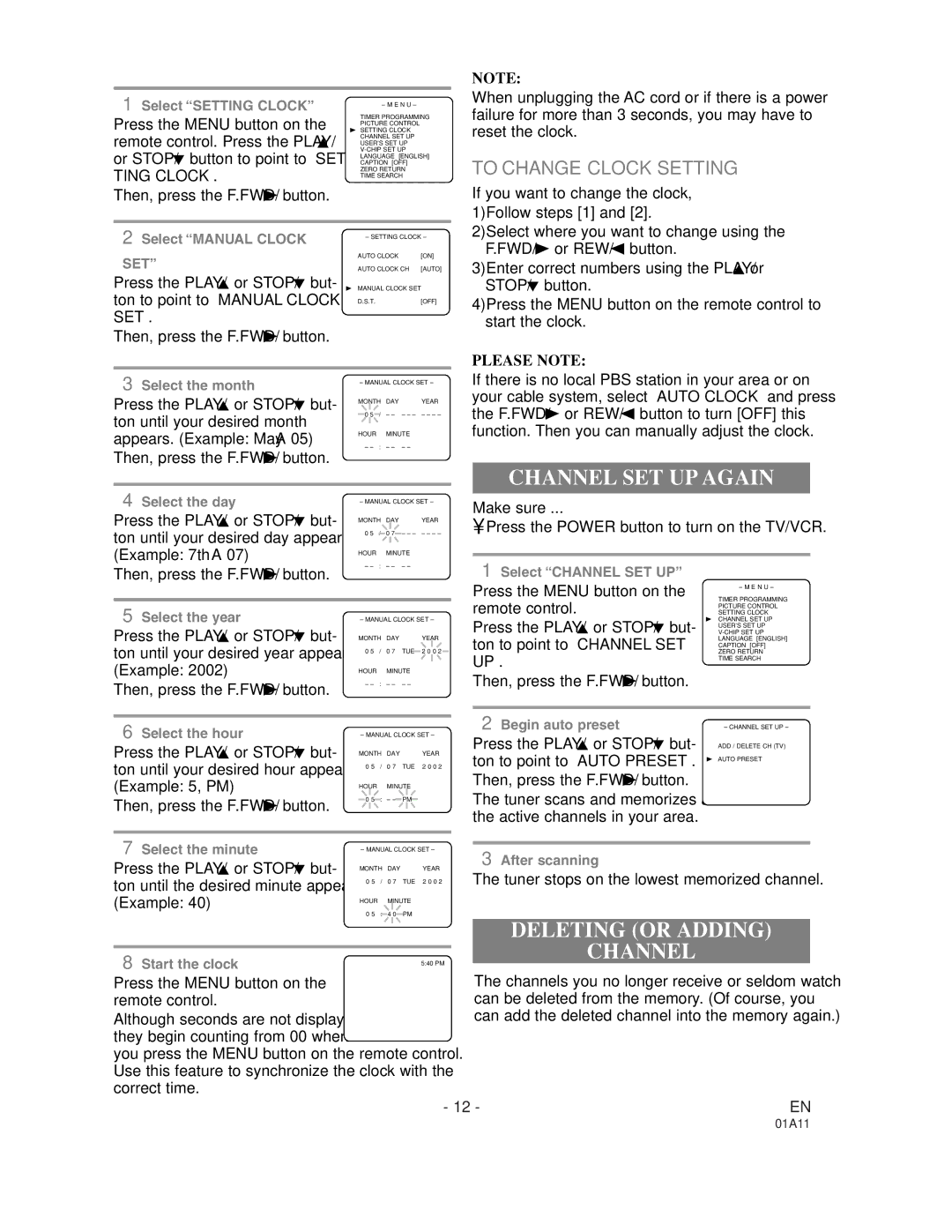 Sylvania W6313CC owner manual Channel SET UP Again, Deleting or Adding Channel, To Change Clock Setting, Please Note 