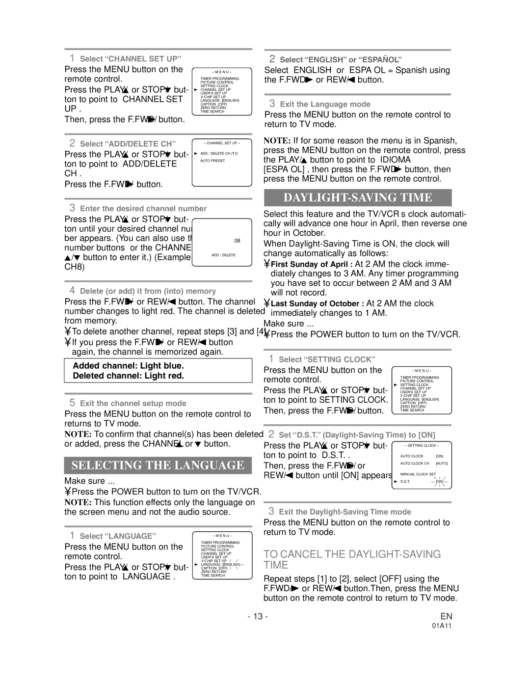 Sylvania W6313CC owner manual Selecting the Language, To Cancel the DAYLIGHT-SAVING Time 