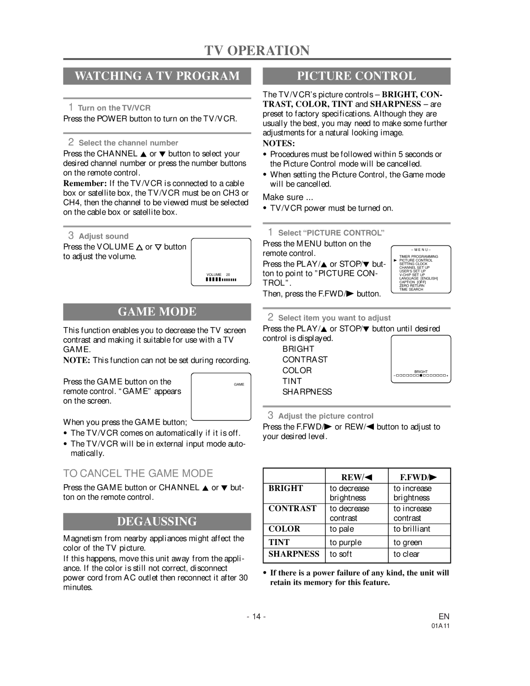 Sylvania W6313CC owner manual TV Operation, Watching a TV Program, Picture Control, Game Mode, Degaussing 