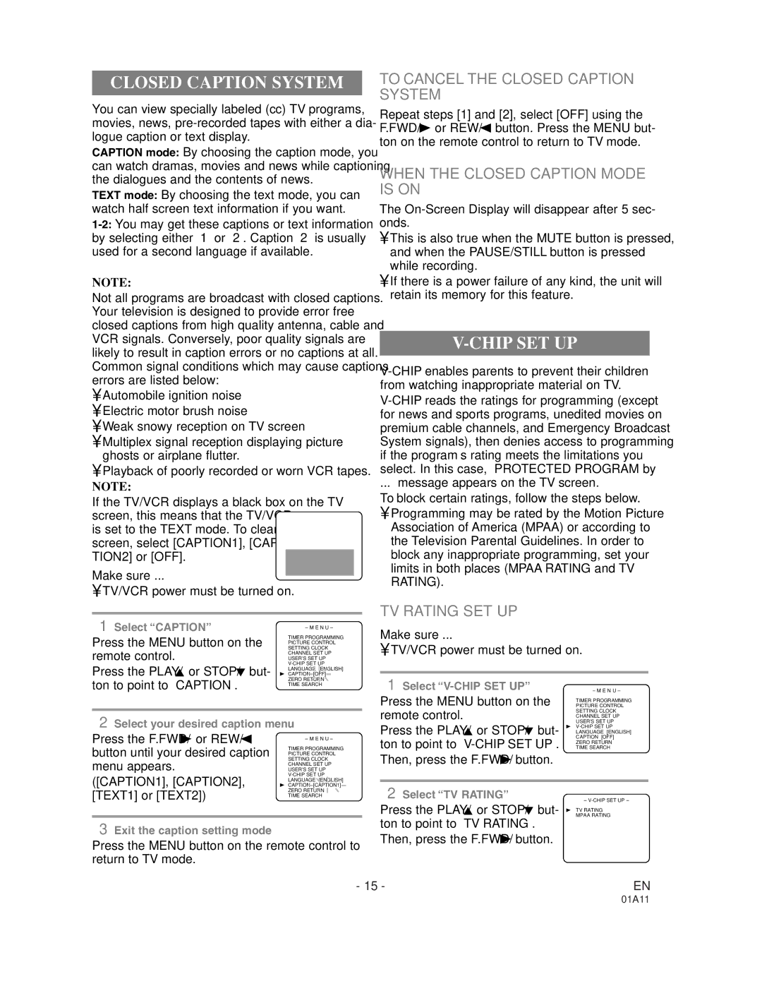 Sylvania W6313CC owner manual Chip SET UP, To Cancel the Closed Caption System, When the Closed Caption Mode is on 