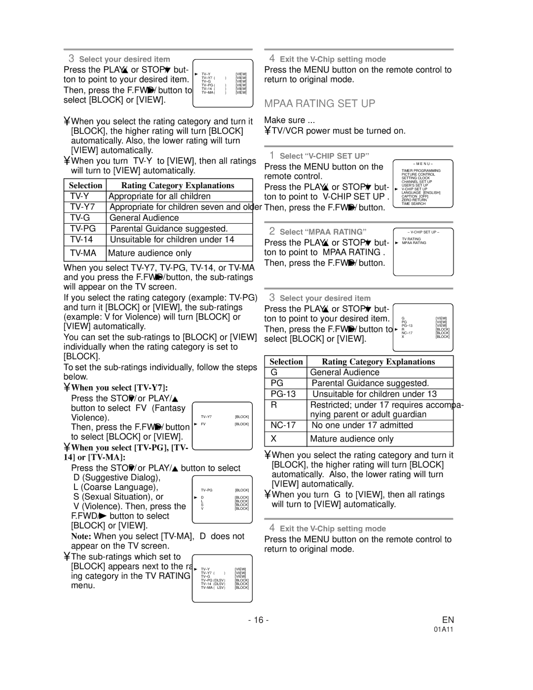 Sylvania W6313CC owner manual Mpaa Rating SET UP 