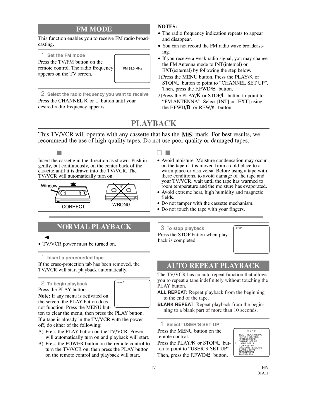 Sylvania W6313CC owner manual FM Mode, Normal Playback, Auto Repeat Playback 