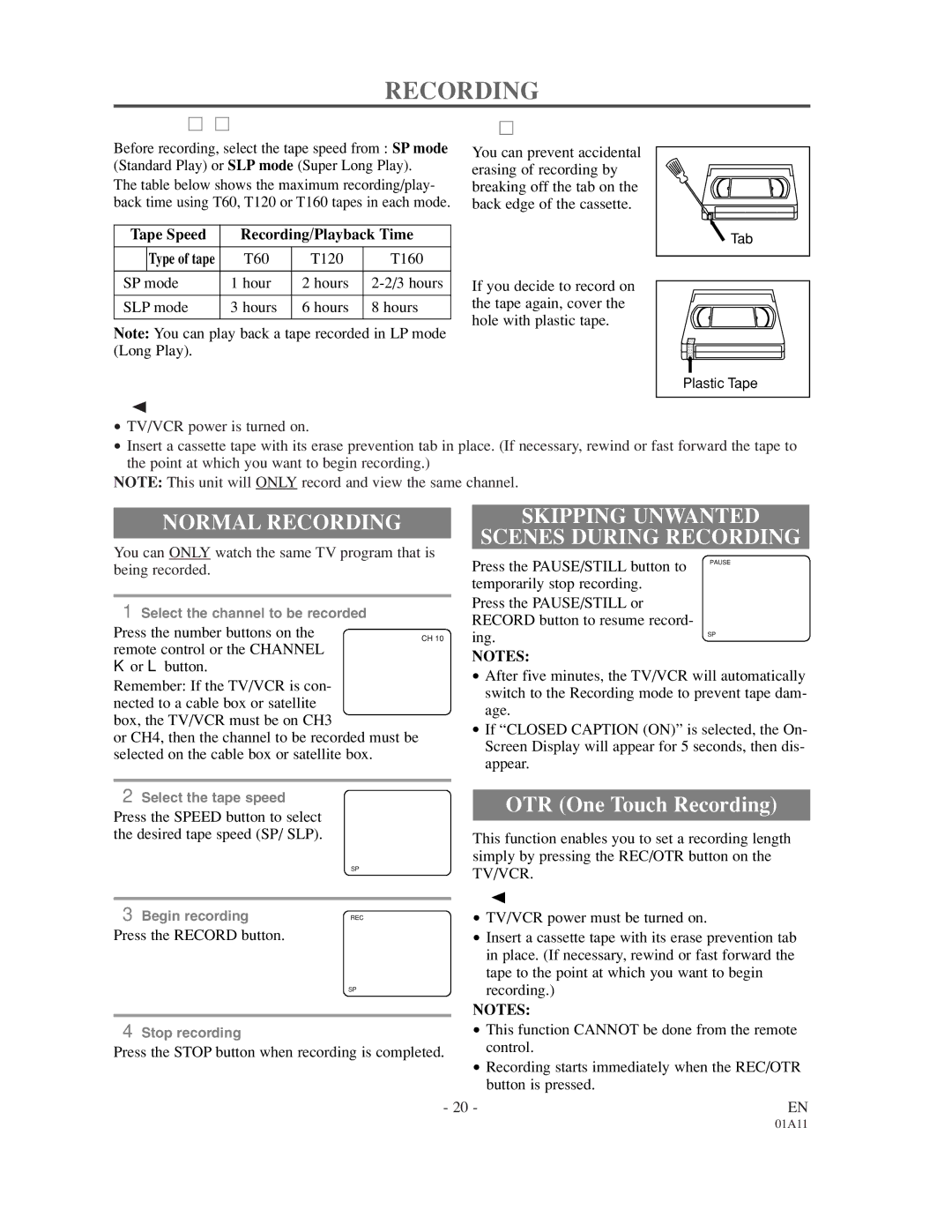 Sylvania W6313CC owner manual Normal Recording, Skipping Unwanted Scenes During Recording 