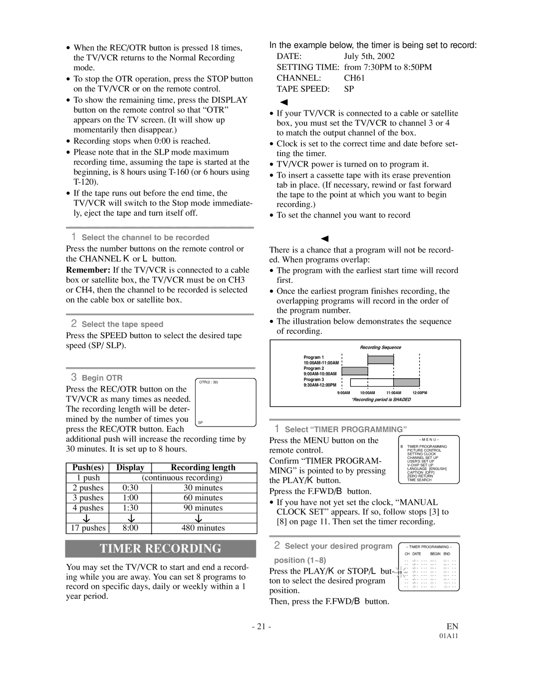 Sylvania W6313CC owner manual Timer Recording, Channel CH61 Tape Speed SP 