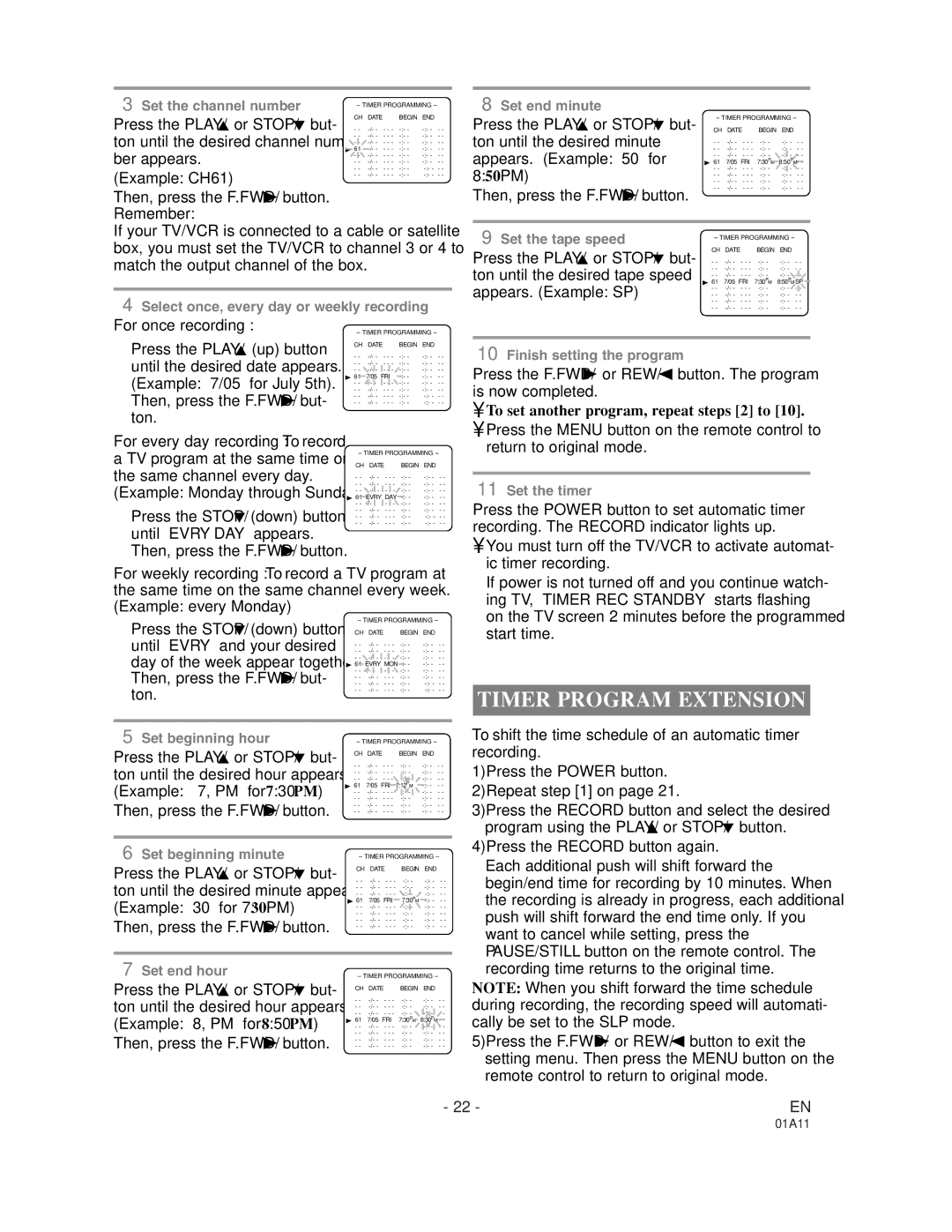 Sylvania W6313CC owner manual Timer Program Extension, For once recording 