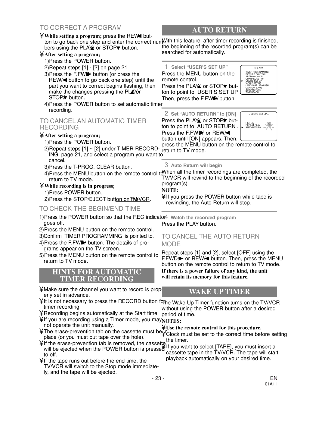 Sylvania W6313CC owner manual Auto Return, Hints for Automatic Timer Recording, Wake UP Timer 