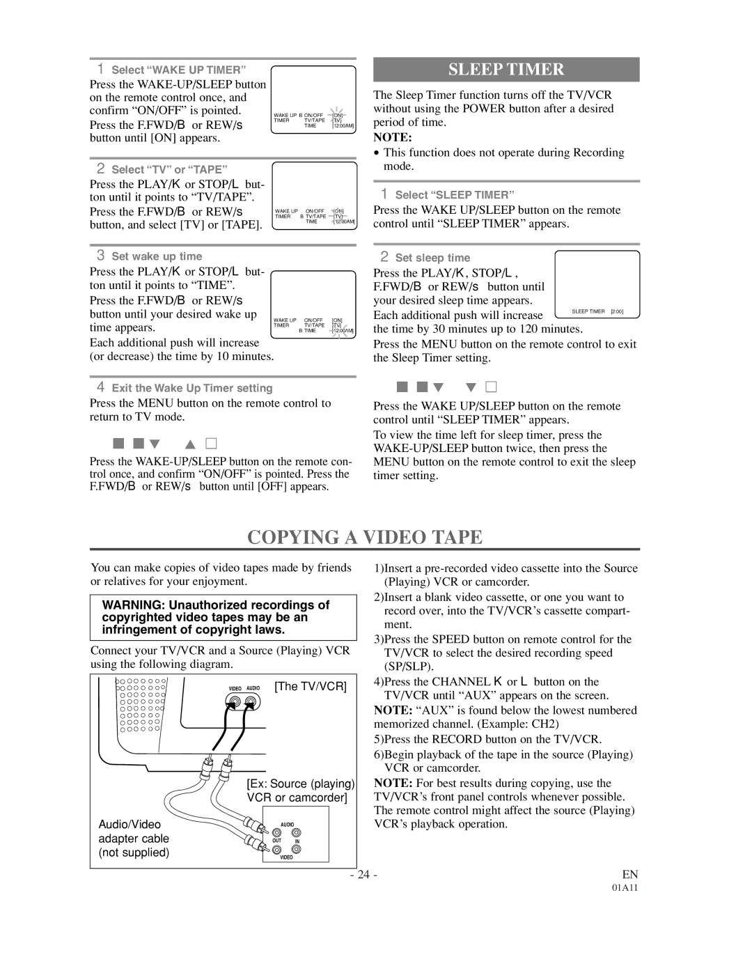 Sylvania W6313CC owner manual Copying a Video Tape, To Cancel the Wake UP Timer, To Cancel the Sleep Timer, Sp/Slp 