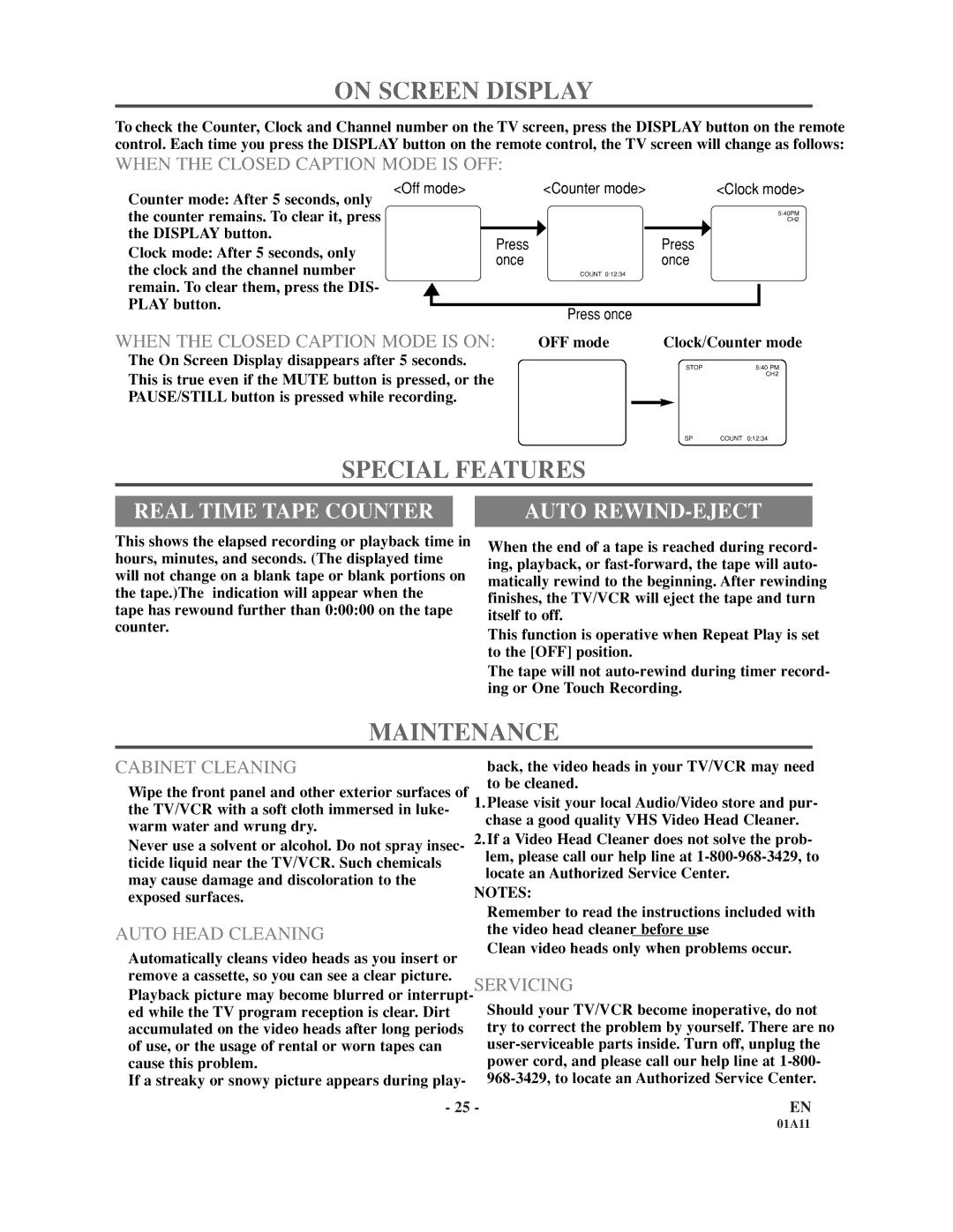 Sylvania W6313CC owner manual On Screen Display, Special Features, Maintenance, Real Time Tape Counter, Auto REWIND-EJECT 