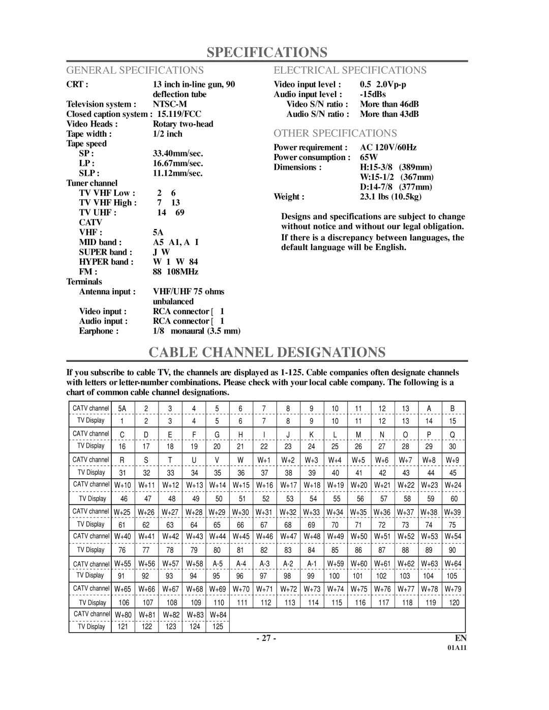 Sylvania W6313CC Cable Channel Designations, General Specifications, Electrical Specifications, Other Specifications 