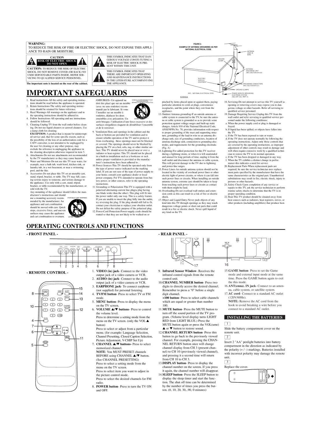 Sylvania W6413TB Important Safeguards, Operating Controls and Functions, Front Panel Rear Panel, Remote Control 