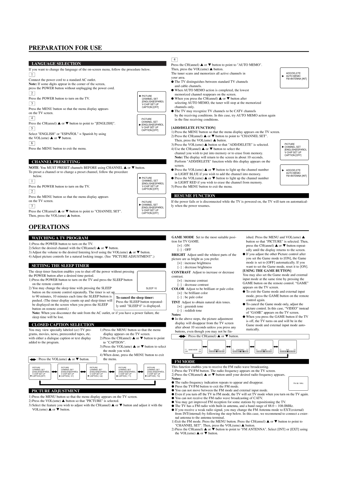 Sylvania W6413TB owner manual Preparation for USE, Operations 