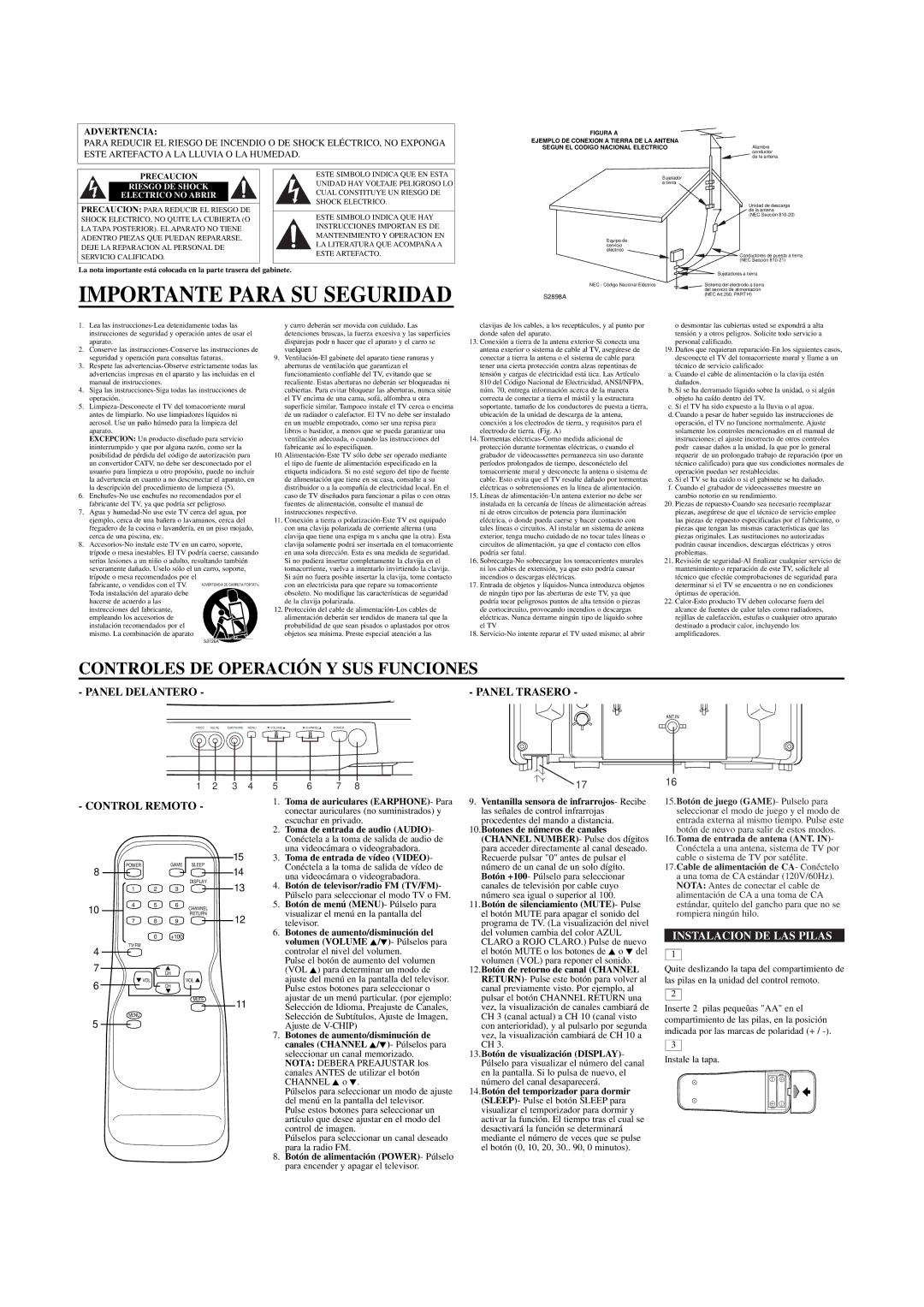 Sylvania W6413TB Importante Para SU Seguridad, Control Remoto, Panel Trasero, Instalacion DE LAS Pilas, Advertencia 