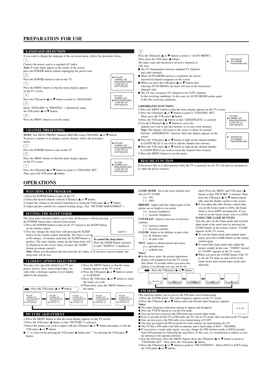 Sylvania W6413TC owner manual Preparation for USE, Operations 