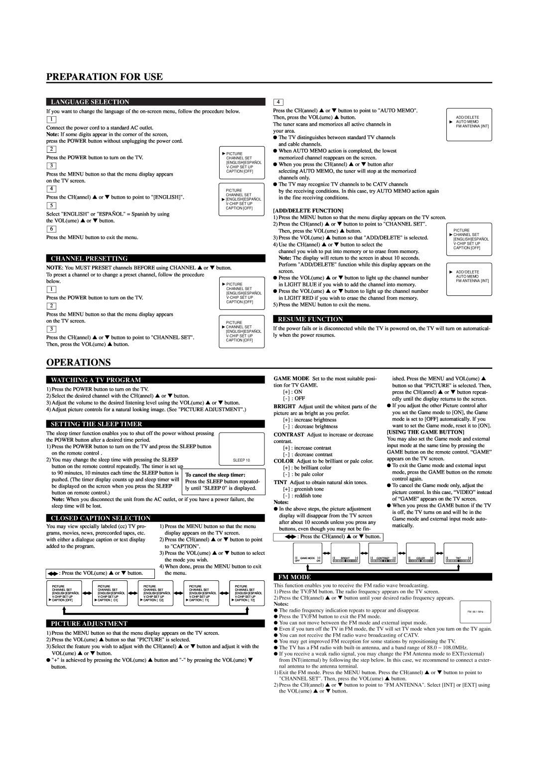 Sylvania W6413TC Preparation For Use, Operations, Language Selection, Channel Presetting, Resume Function, Fm Mode 
