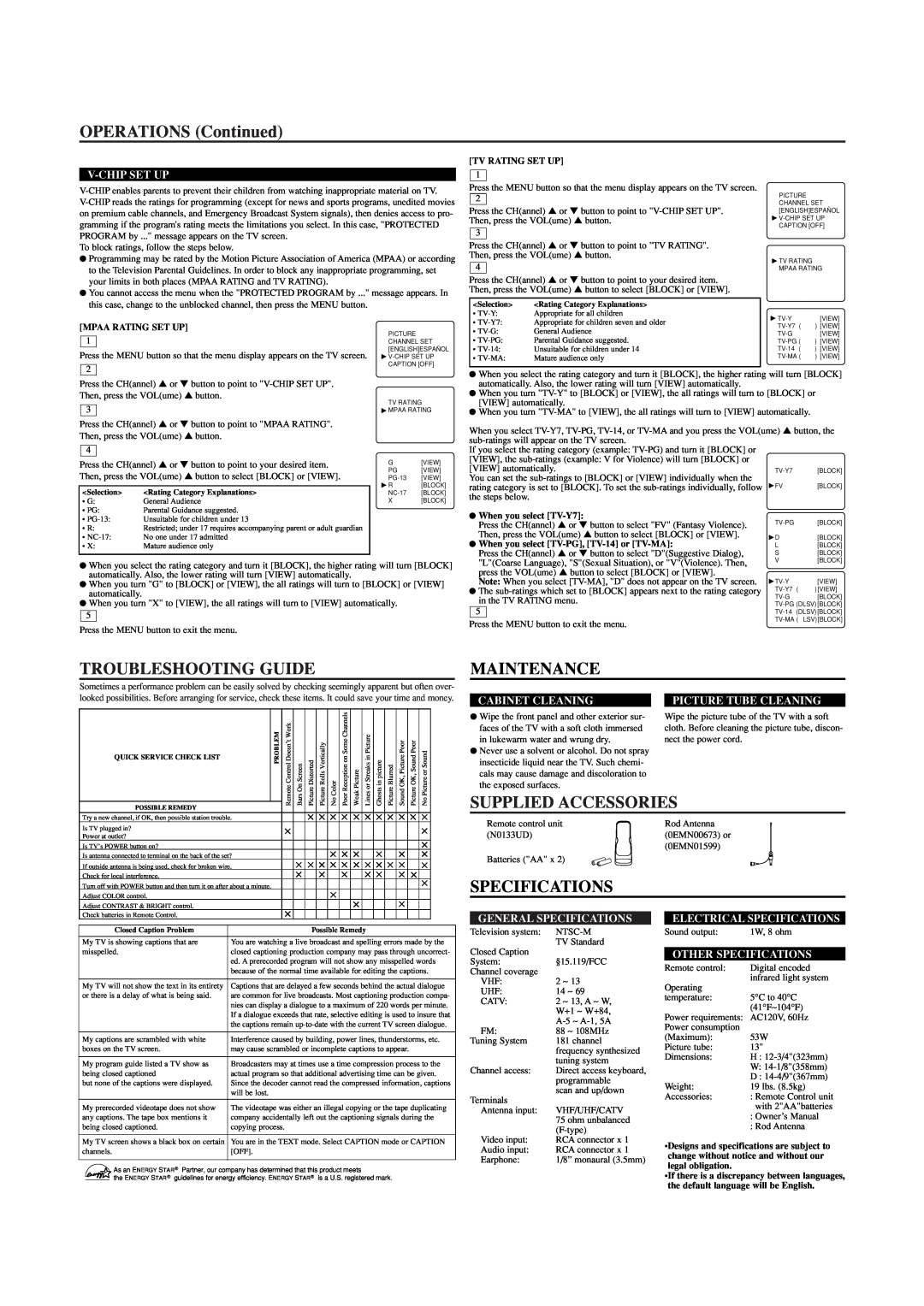 Sylvania W6413TC OPERATIONS Continued, Troubleshooting Guide, Maintenance, Supplied Accessories, Specifications 