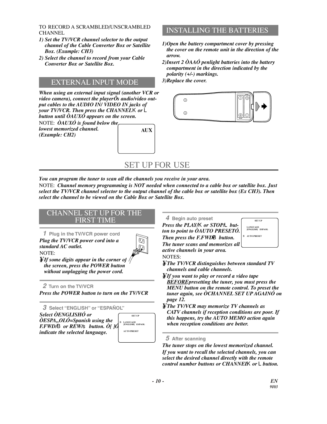 Sylvania WSSC132 owner manual SET UP for USE, External Input Mode, Installing the Batteries, Channel SET UP for First Time 