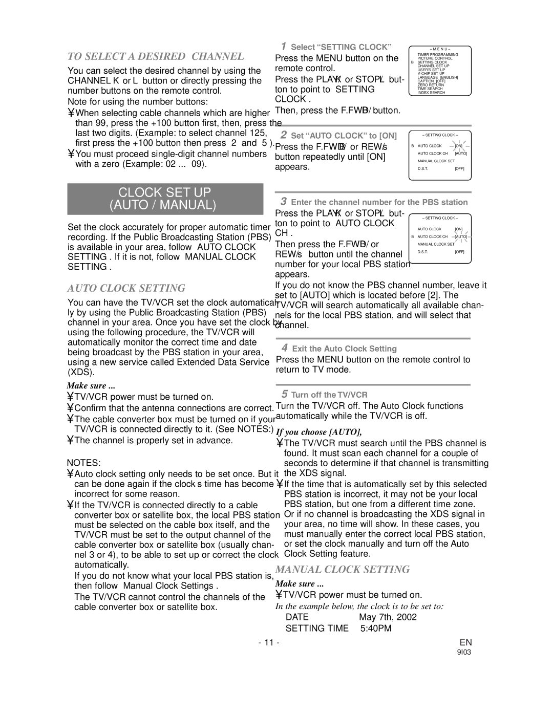 Sylvania WSSC132 Clock SET UP Auto / Manual, To Select a Desired Channel, Auto Clock Setting, Manual Clock Setting 