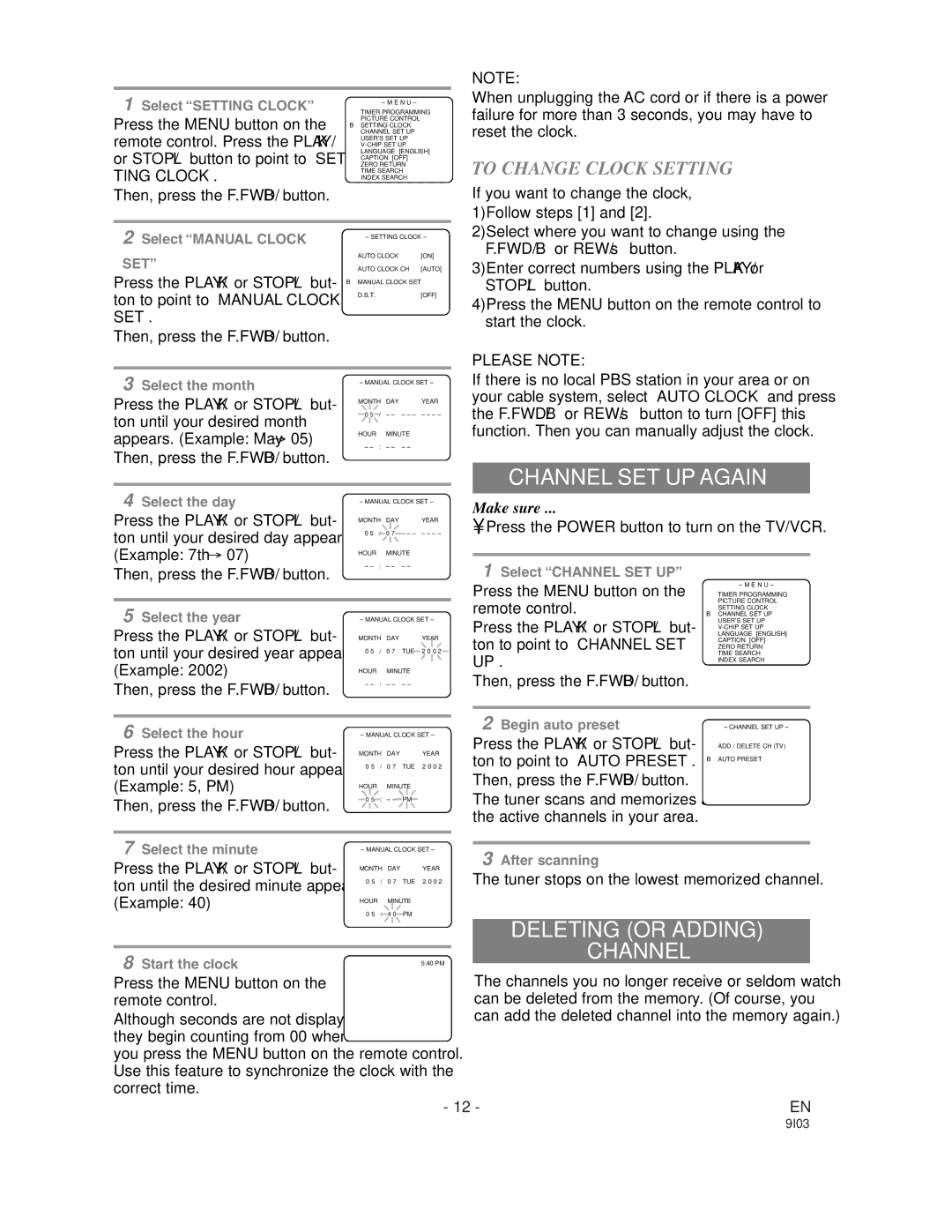 Sylvania WSSC132 Channel SET UP Again, Deleting or Adding Channel, To Change Clock Setting, Ting Clock, Please Note 