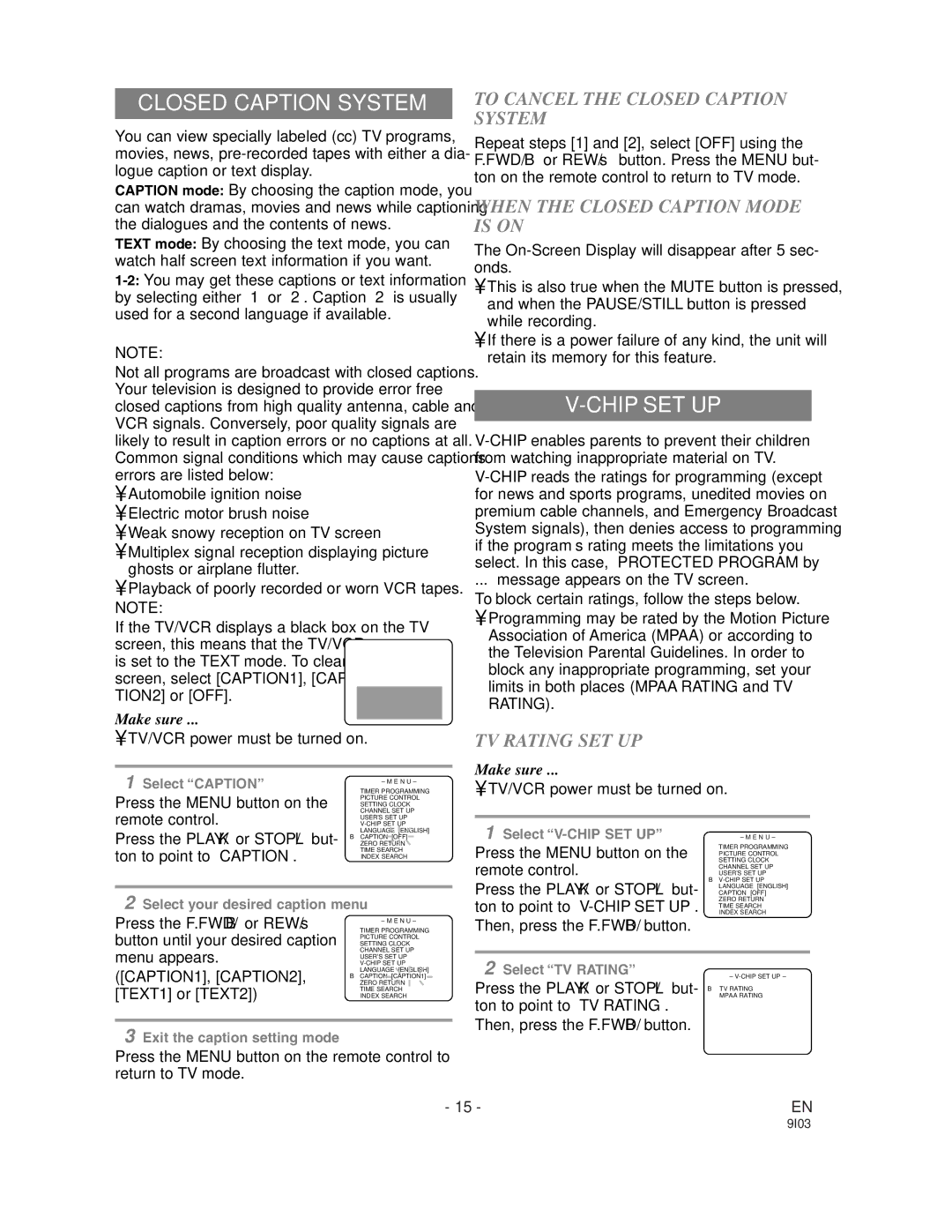 Sylvania WSSC132 owner manual Chip SET UP, To Cancel the Closed Caption System, When the Closed Caption Mode is on 