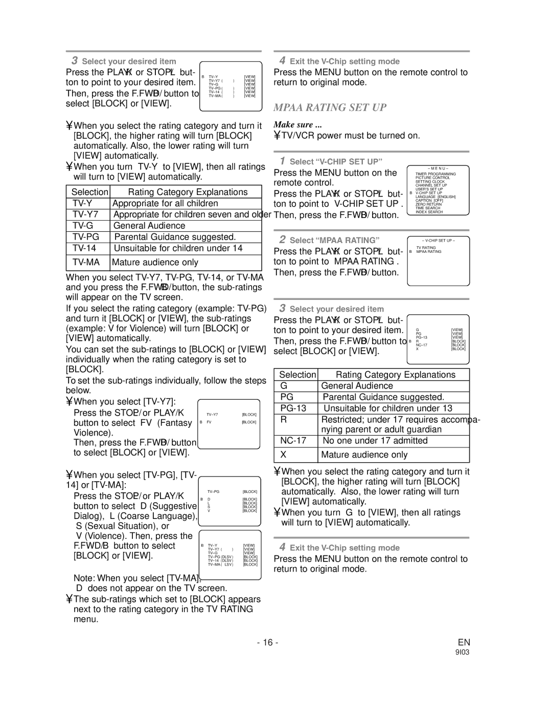 Sylvania WSSC132 owner manual Mpaa Rating SET UP 