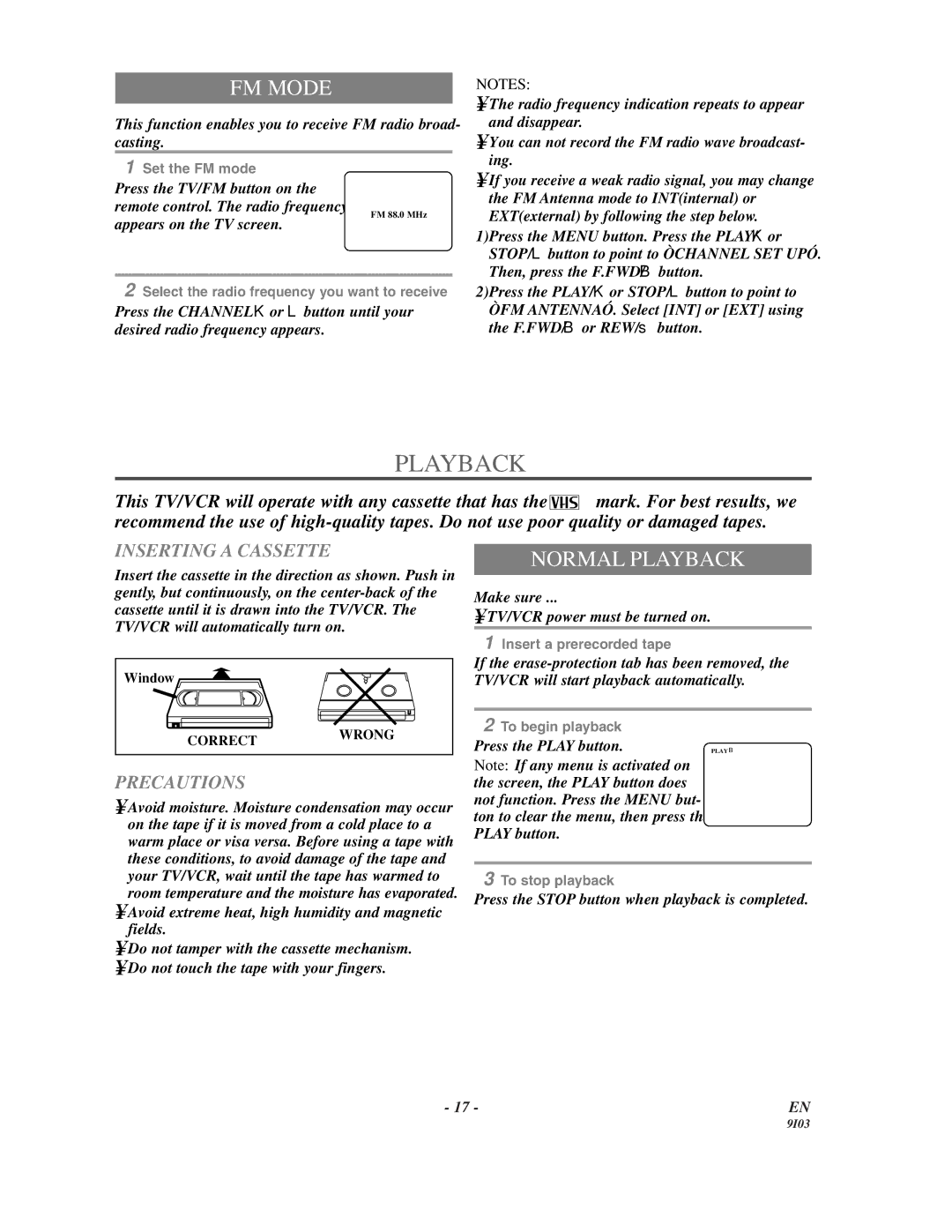 Sylvania WSSC132 owner manual FM Mode, Normal Playback, Inserting a Cassette, Precautions 