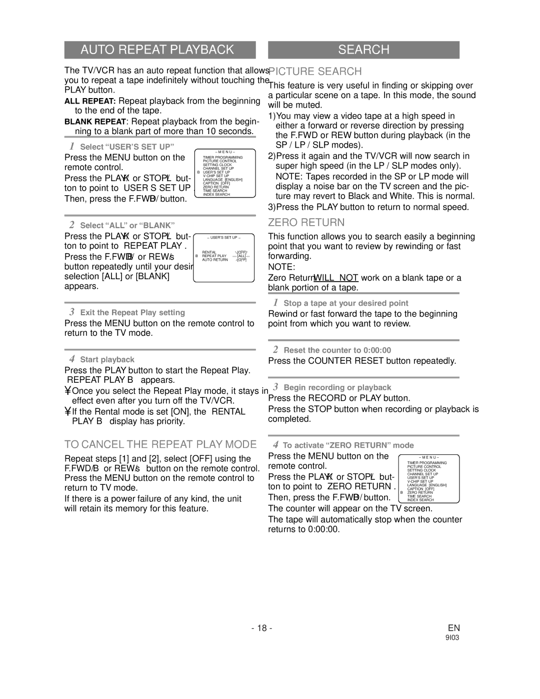 Sylvania WSSC132 owner manual Auto Repeat Playback, Picture Search, Zero Return, To Cancel the Repeat Play Mode 