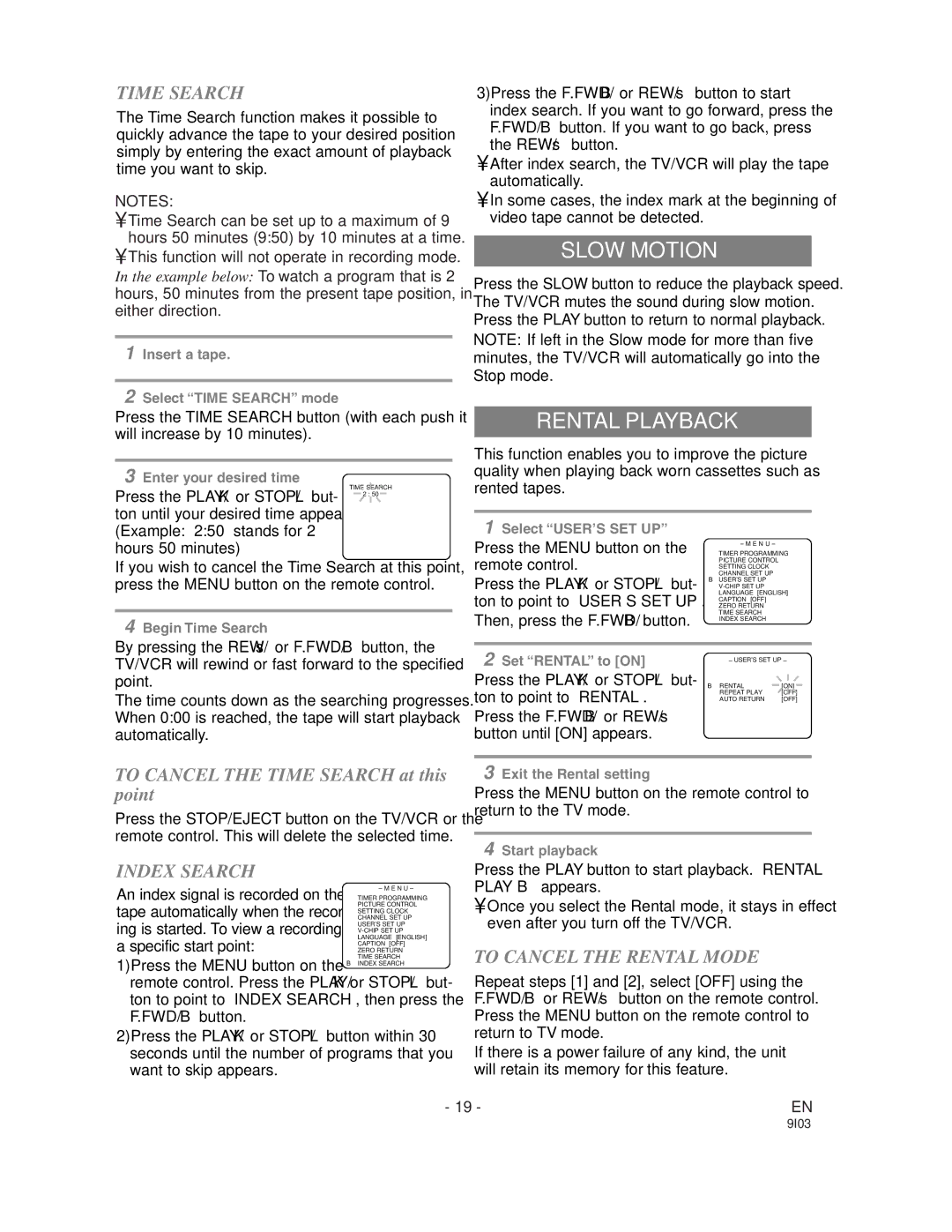 Sylvania WSSC132 owner manual Slow Motion, Rental Playback, Time Search, Index Search, To Cancel the Rental Mode 