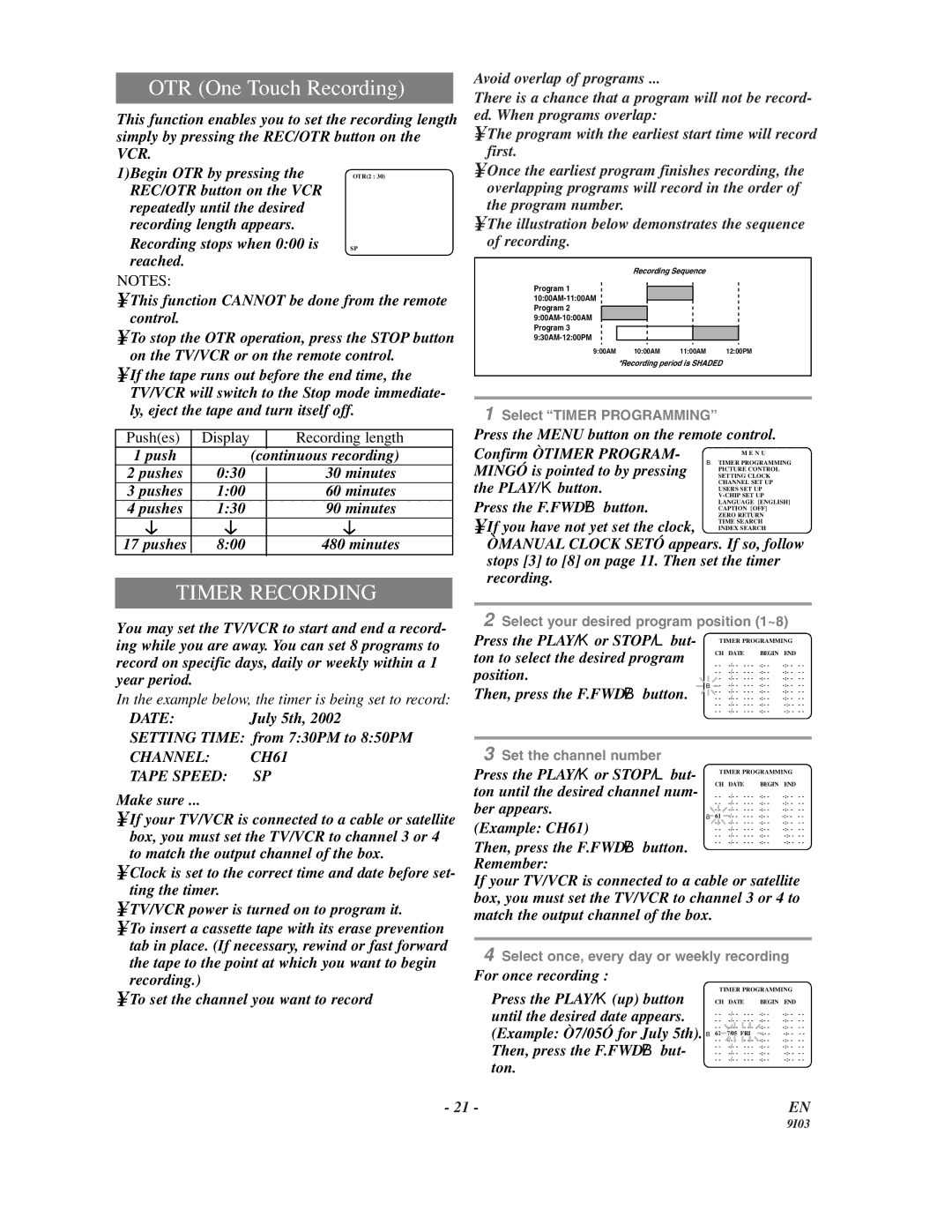 Sylvania WSSC132 owner manual Timer Recording, Channel CH61 Tape Speed SP 