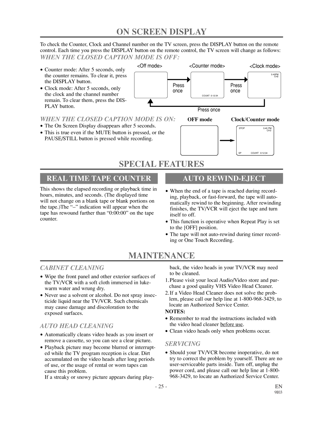 Sylvania WSSC132 owner manual On Screen Display, Special Features, Maintenance, Real Time Tape Counter, Auto REWIND-EJECT 